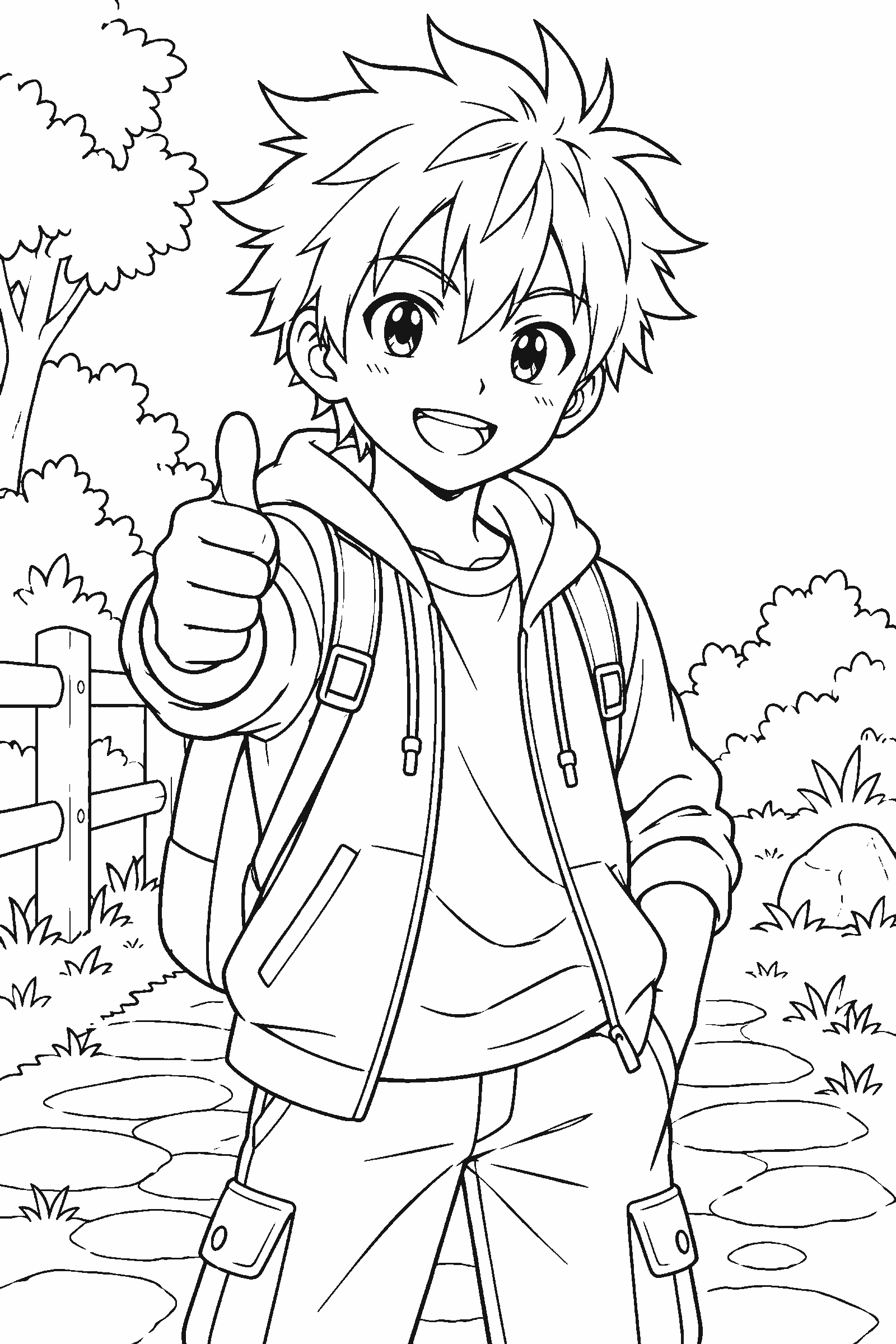 Coloring page of an original anime-style boy with spiky hair