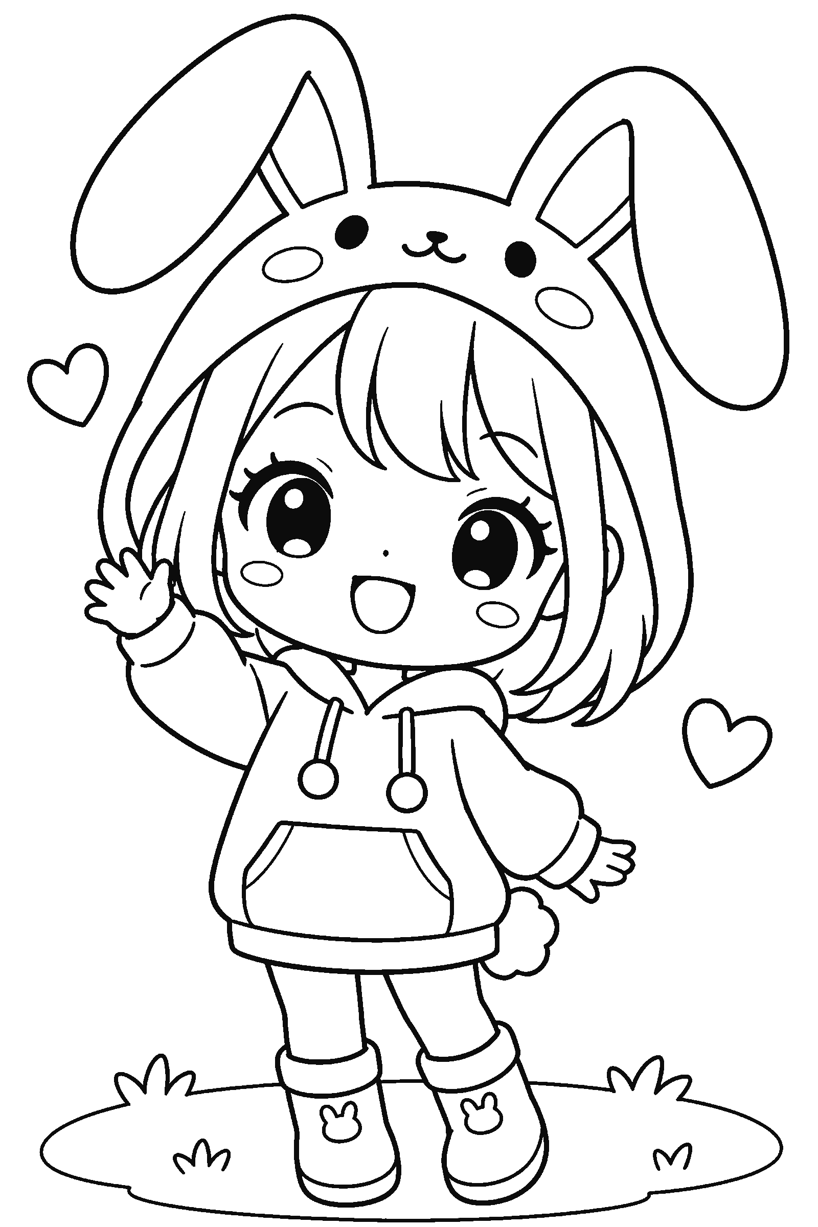 Coloring page of an original chibi girl in a bunny hoodie