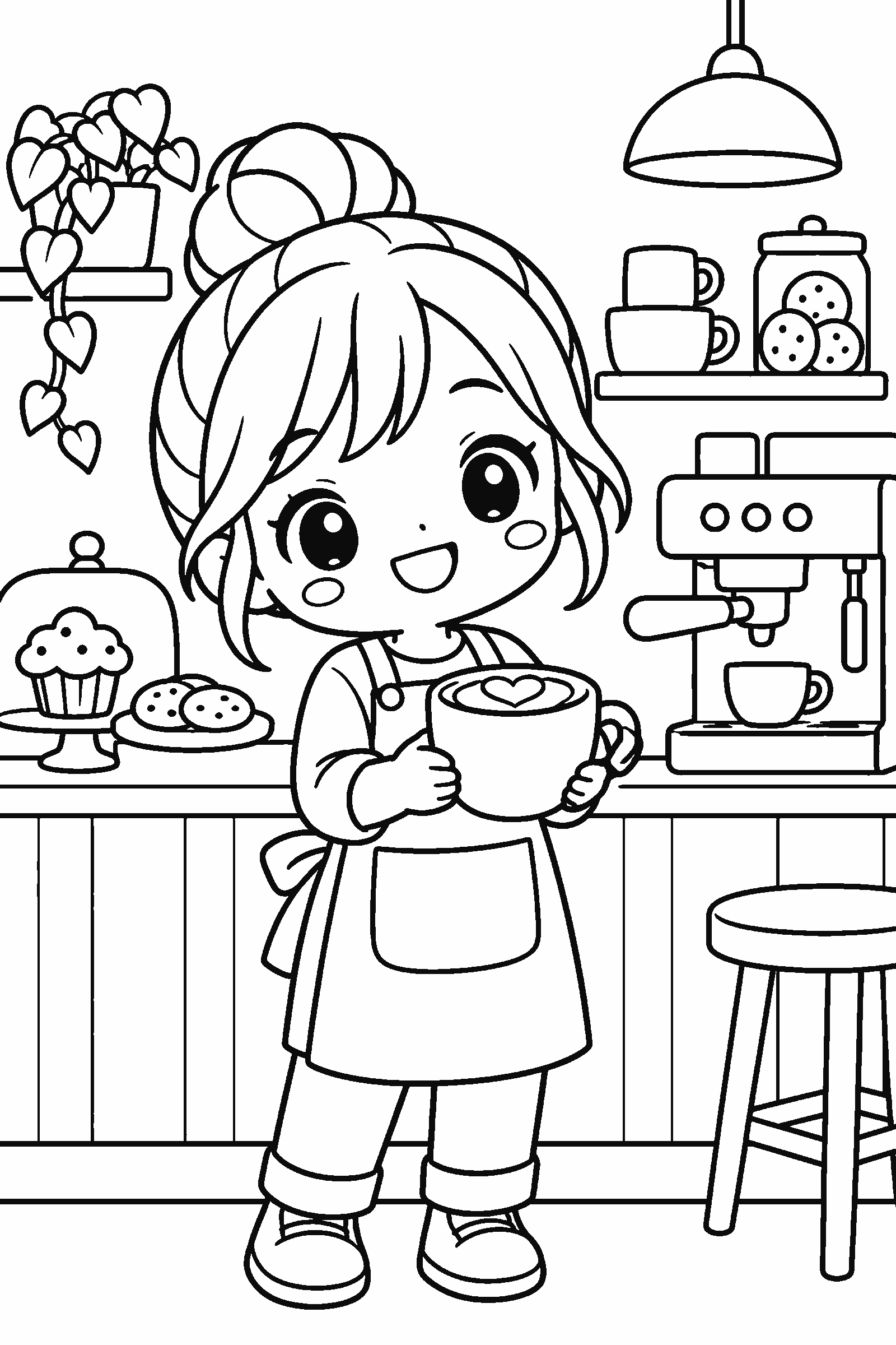 Coloring page of an original chibi barista in a cafe