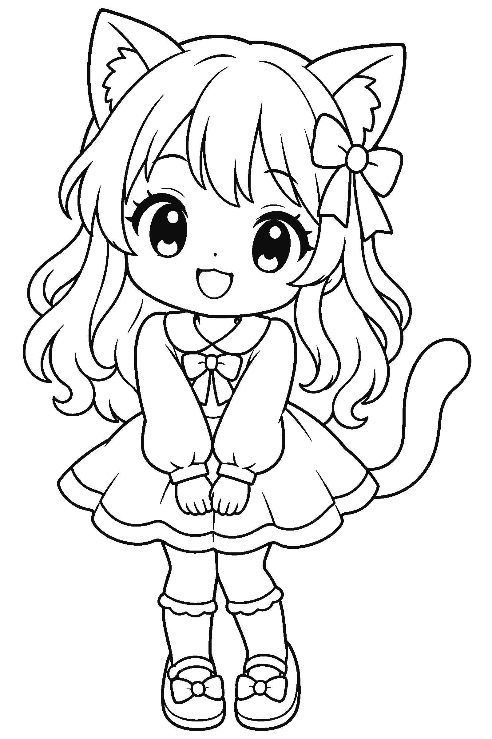 Coloring page of an original cute anime girl with cat ears
