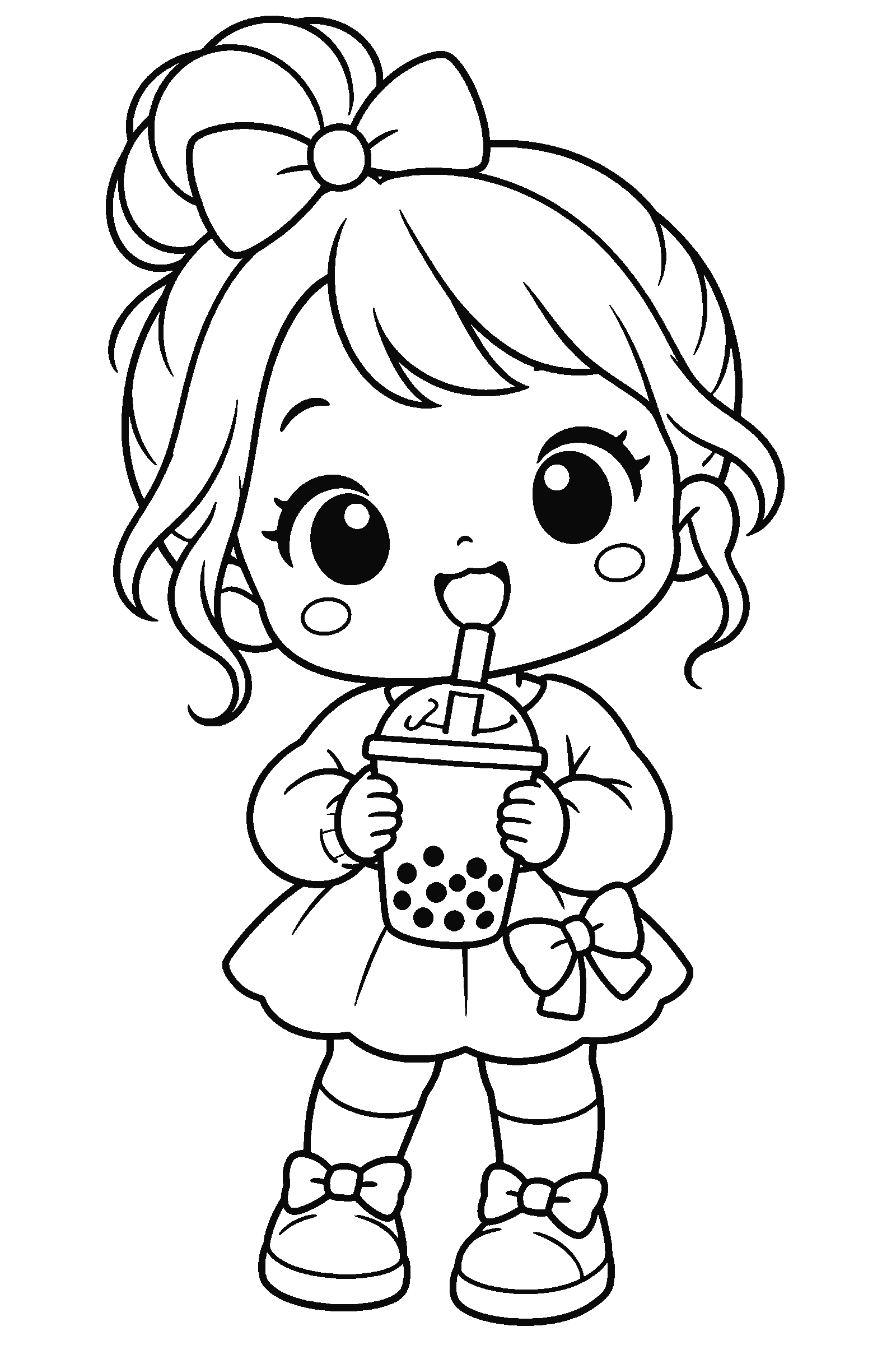 Coloring page of an original chibi character holding a bubble tea