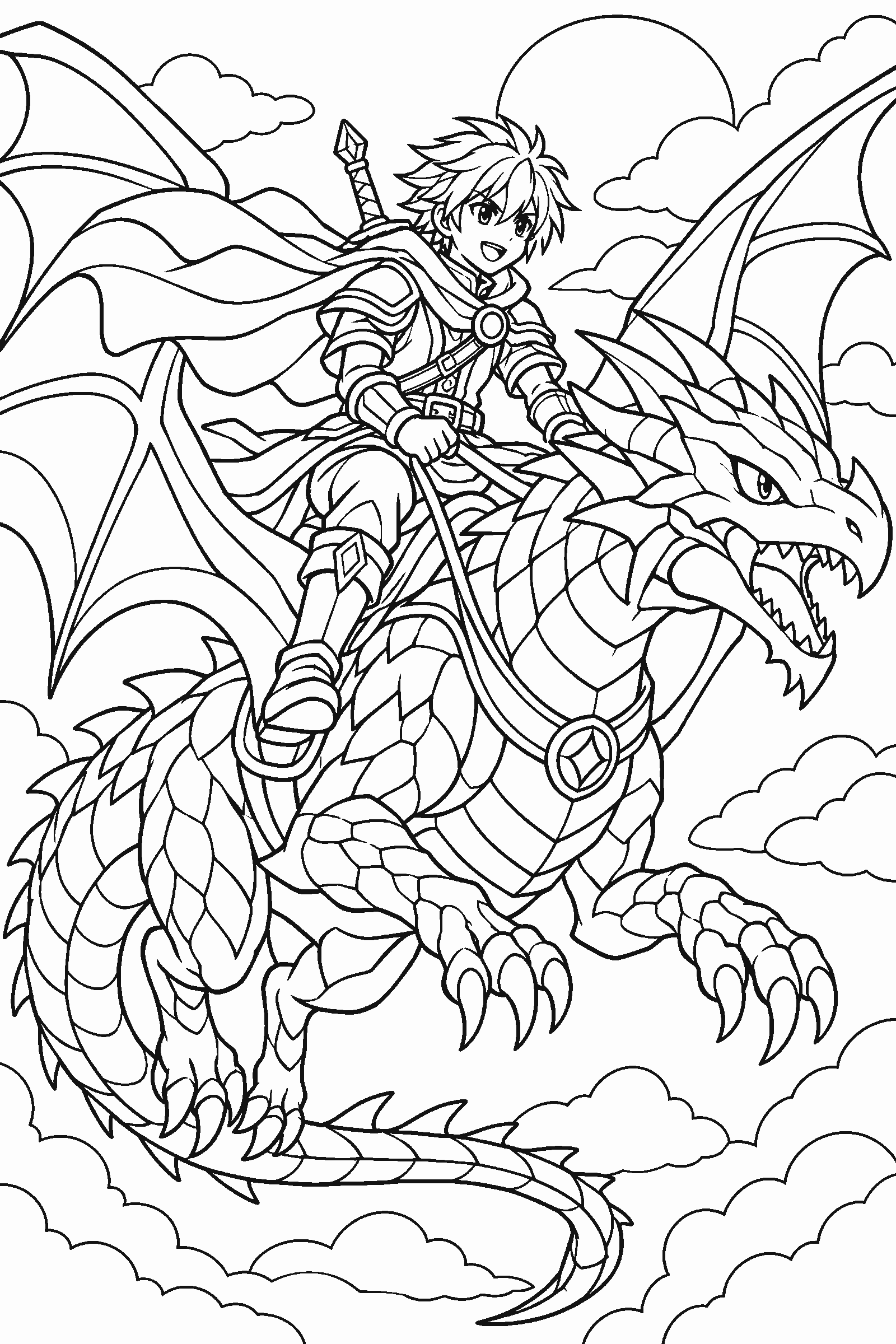 Coloring page of an original anime hero riding a dragon