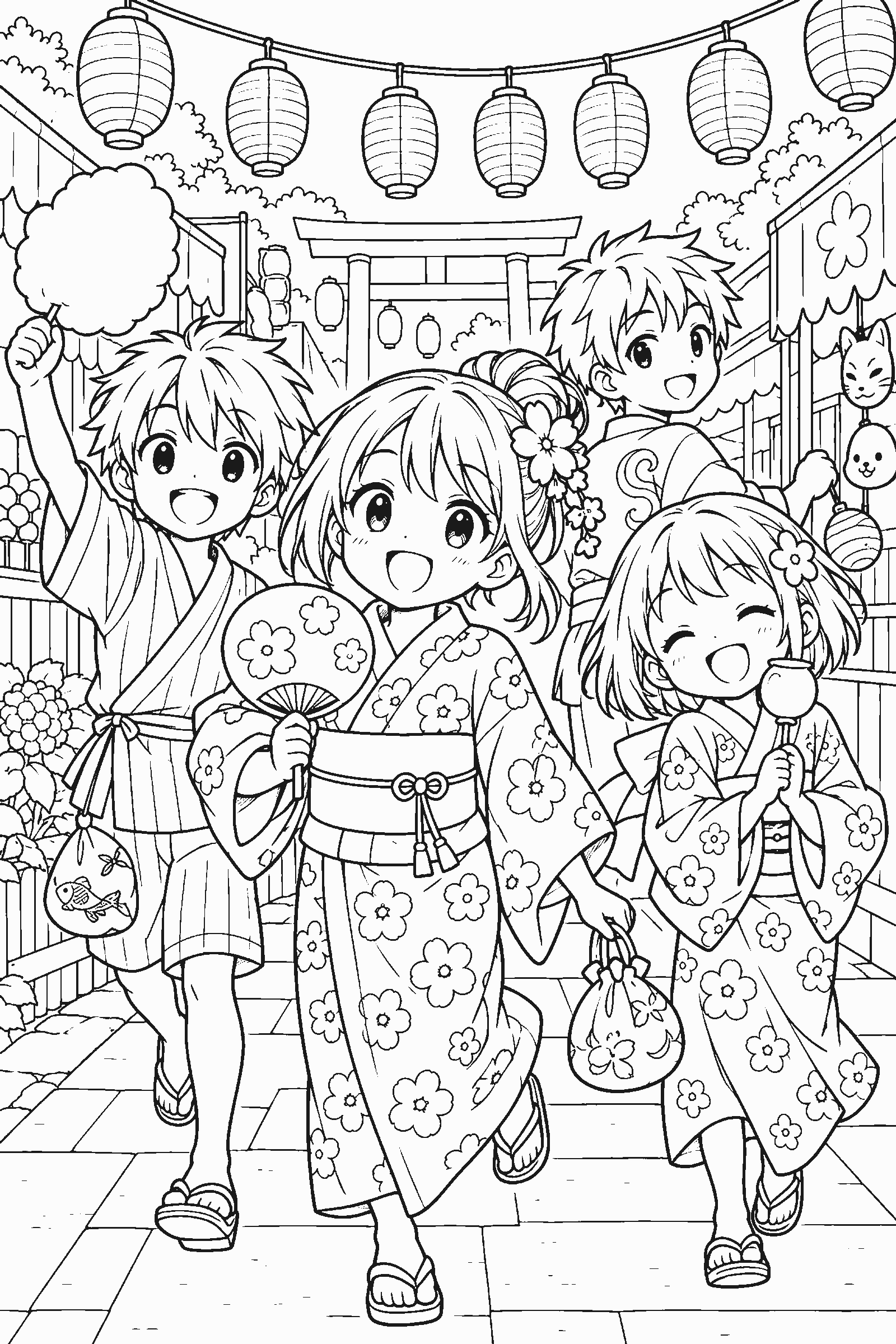 Coloring page of original anime-style kids at a summer festival with lanterns