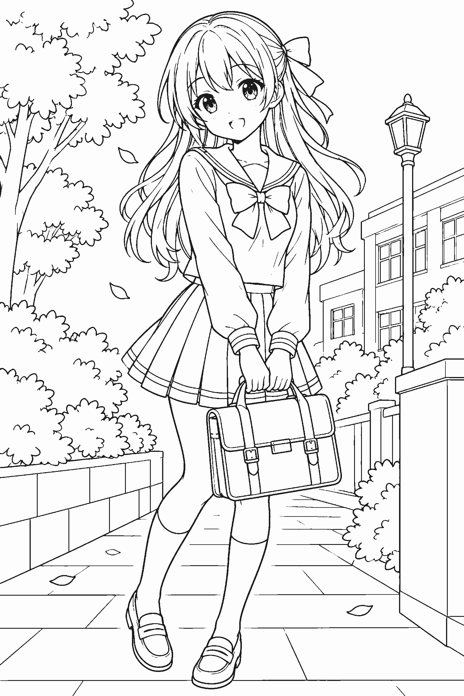 Coloring page of an original anime-style girl with big eyes and a school uniform