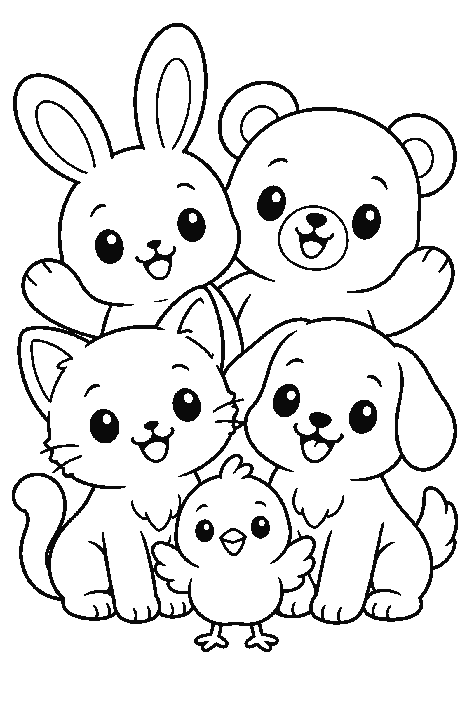 Coloring page of kawaii anime-style animals together