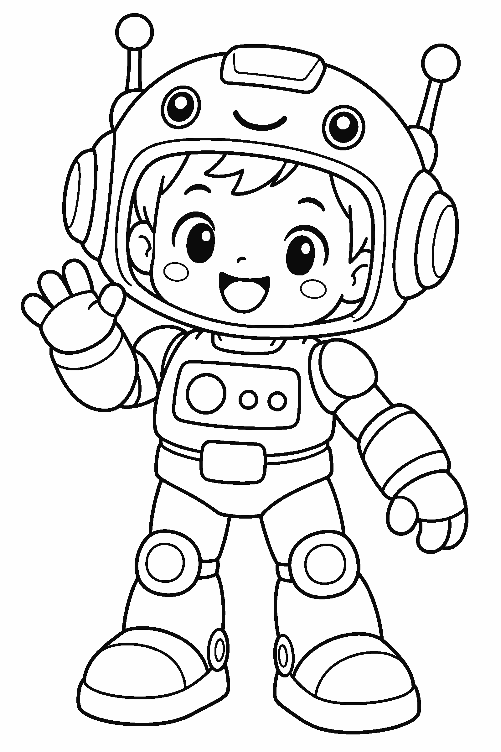 Coloring page of an original chibi kid in a robot suit