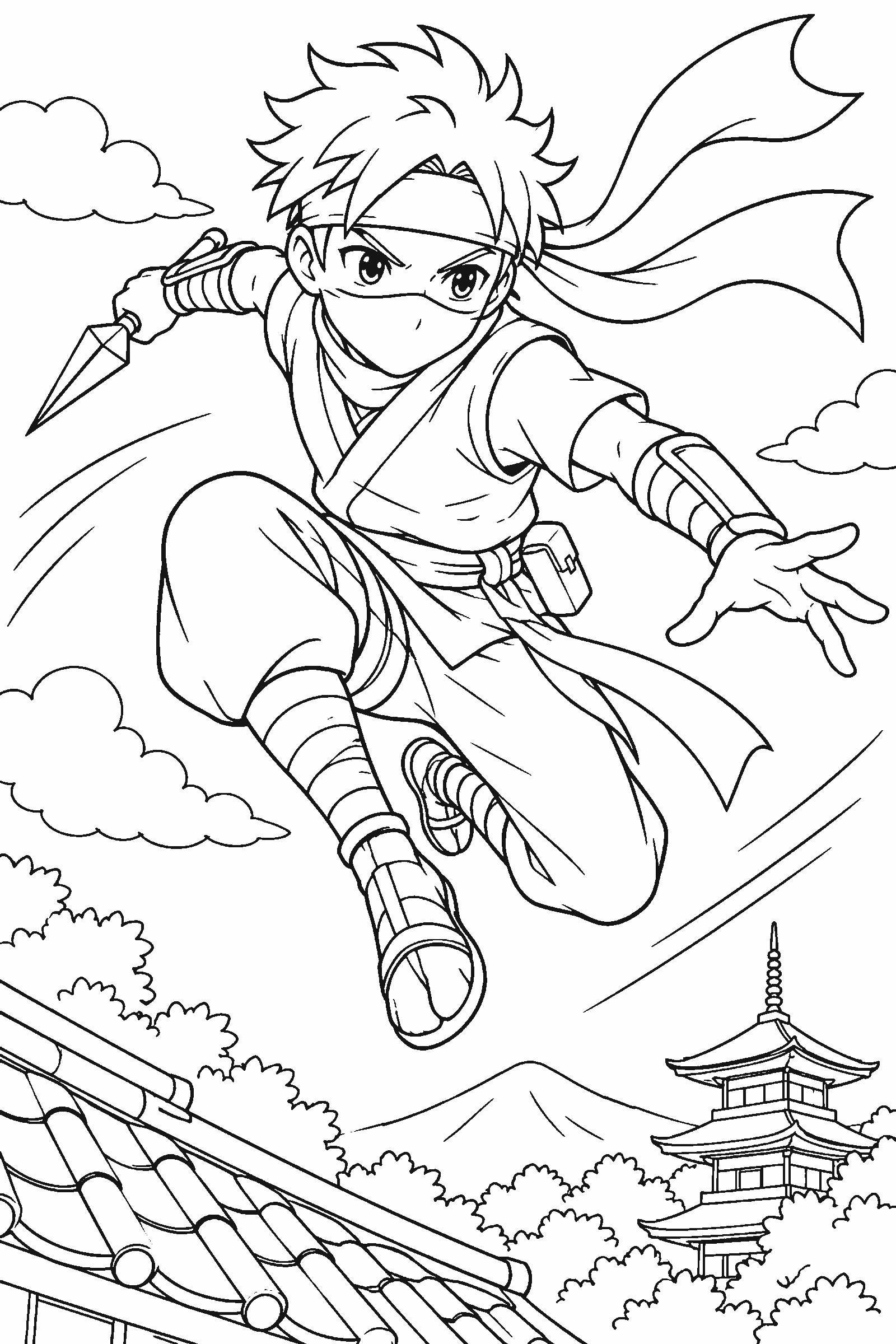 Coloring page of an original anime-style ninja jumping