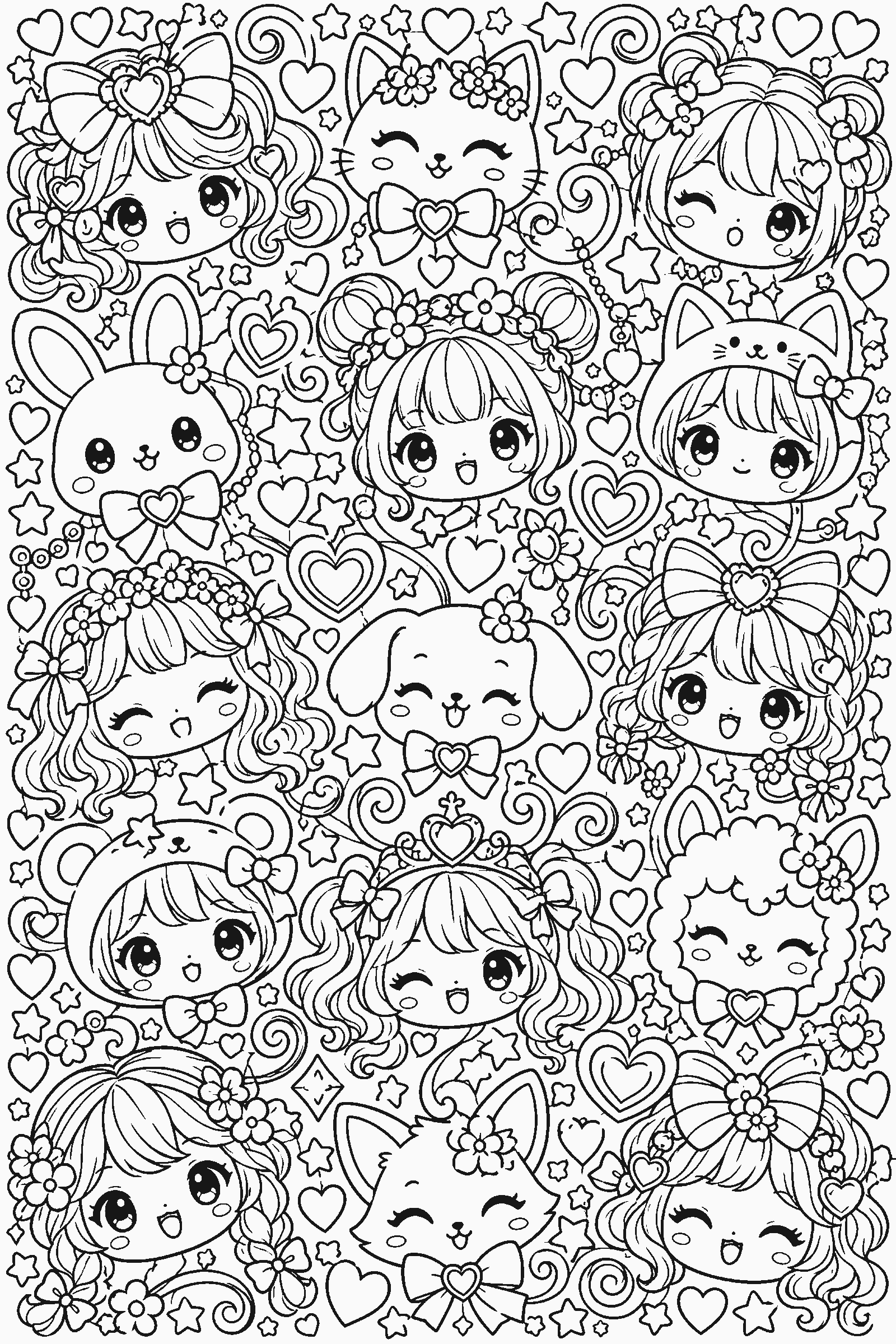Coloring page of a full-page pattern of original chibi faces, stars and hearts