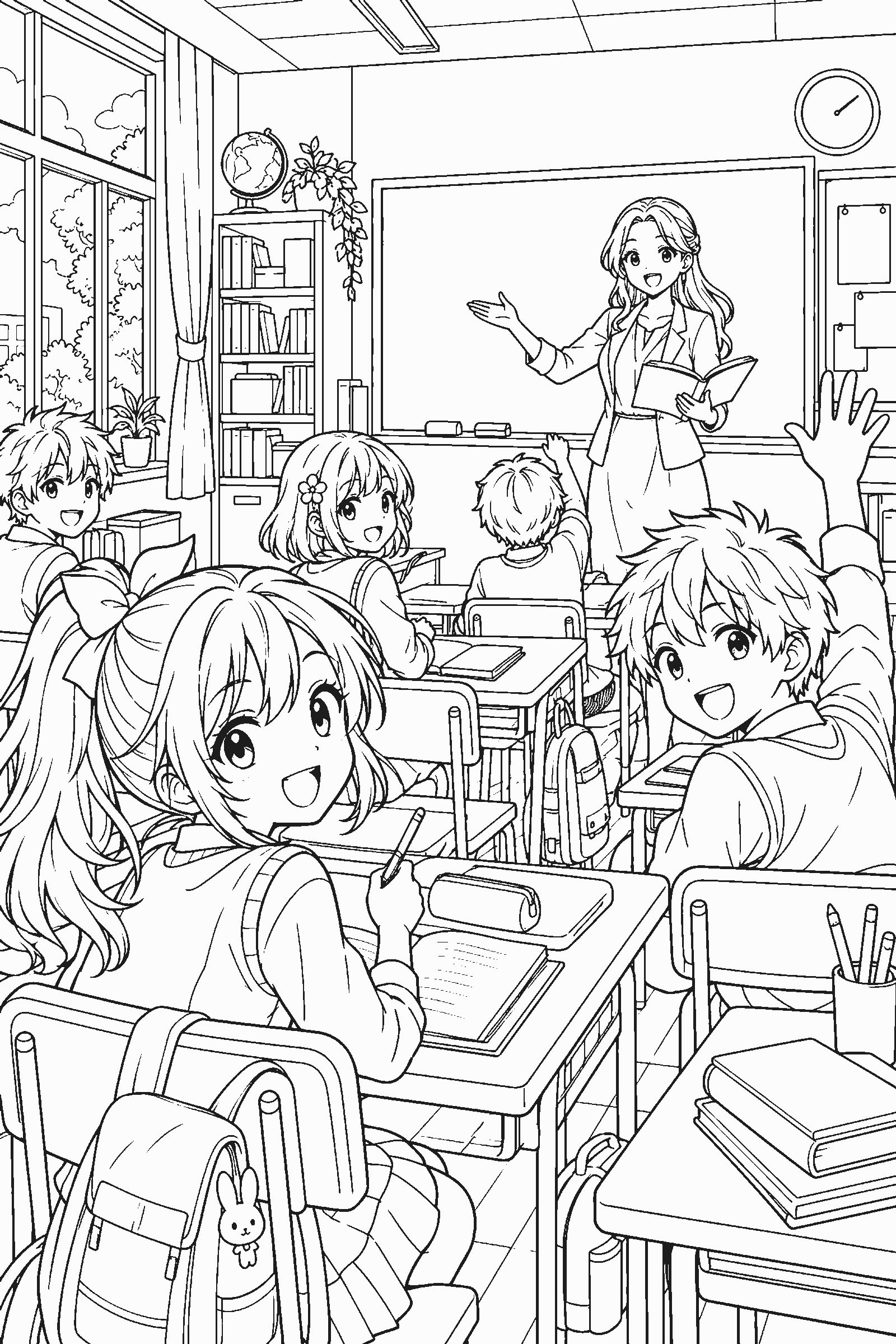 Coloring page of an original anime-style classroom scene