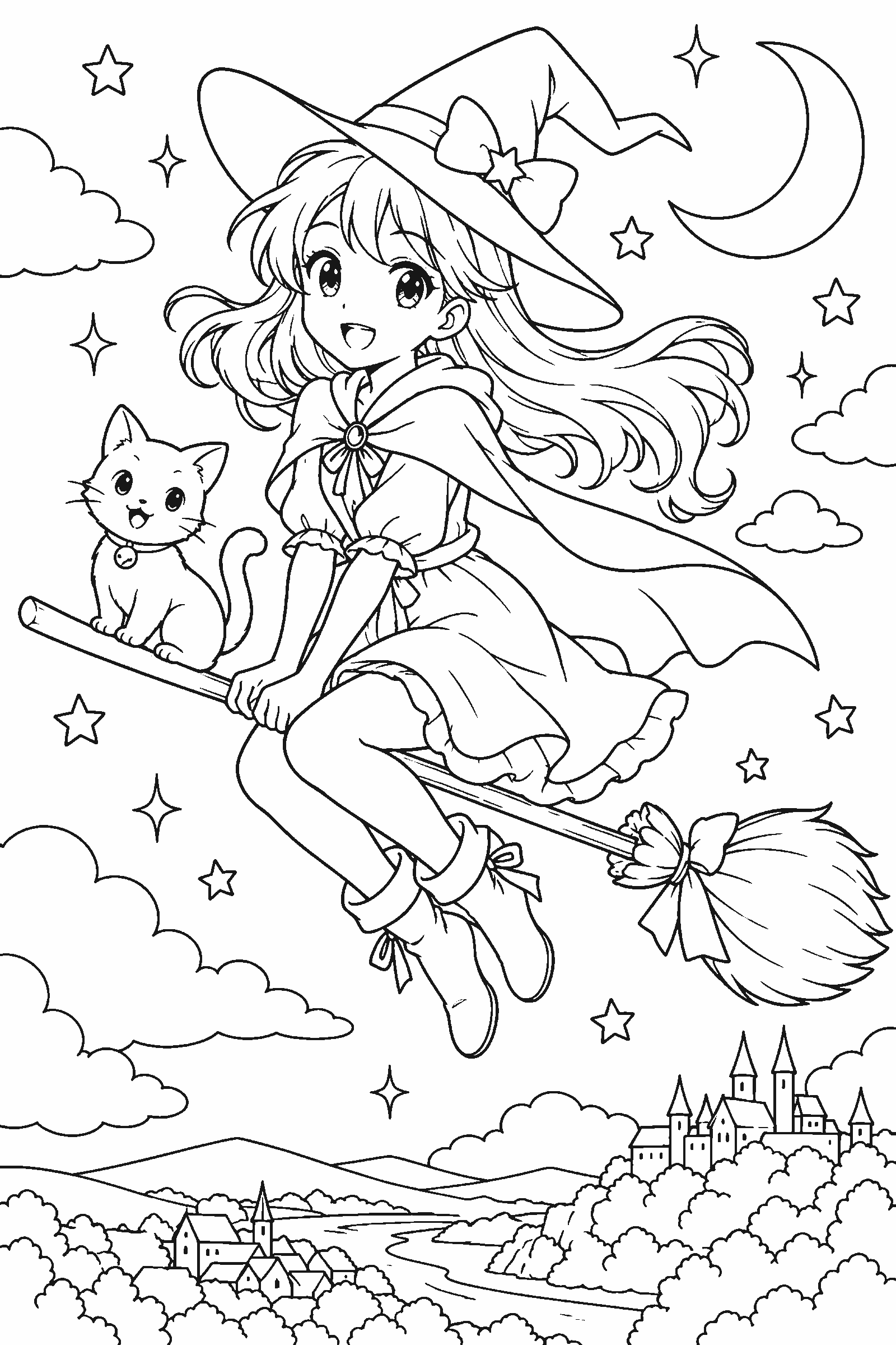 Coloring page of an original anime-style witch on a broom