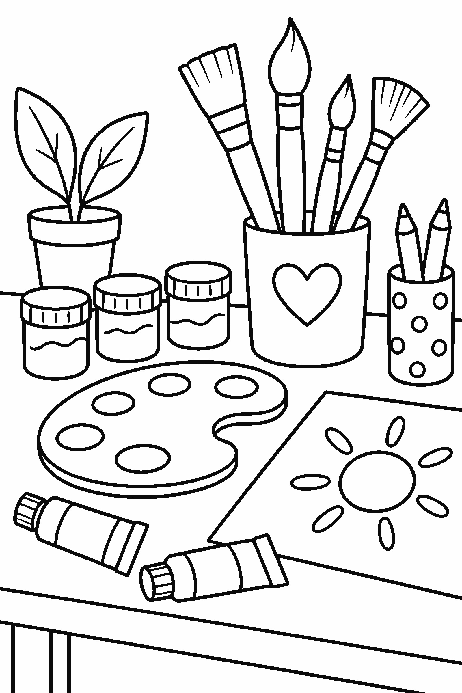 Coloring page of paints and brushes on a desk