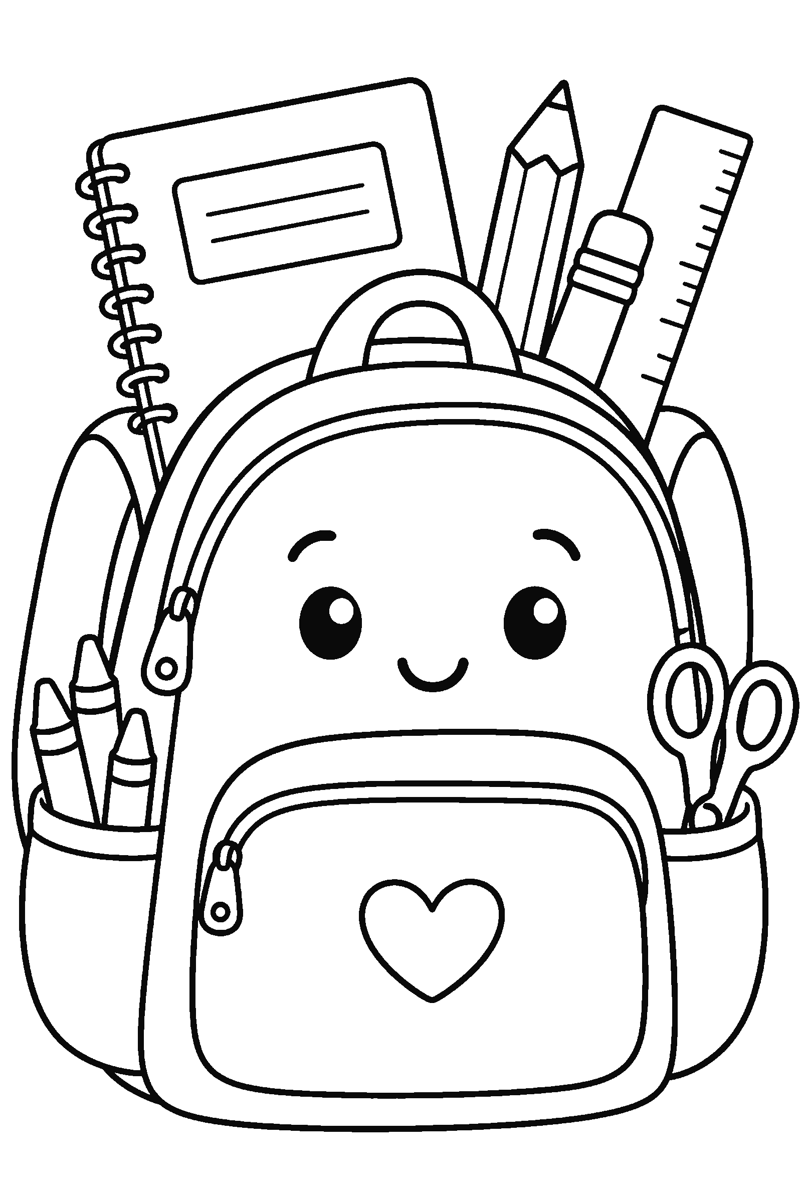 Coloring page of a backpack with school supplies