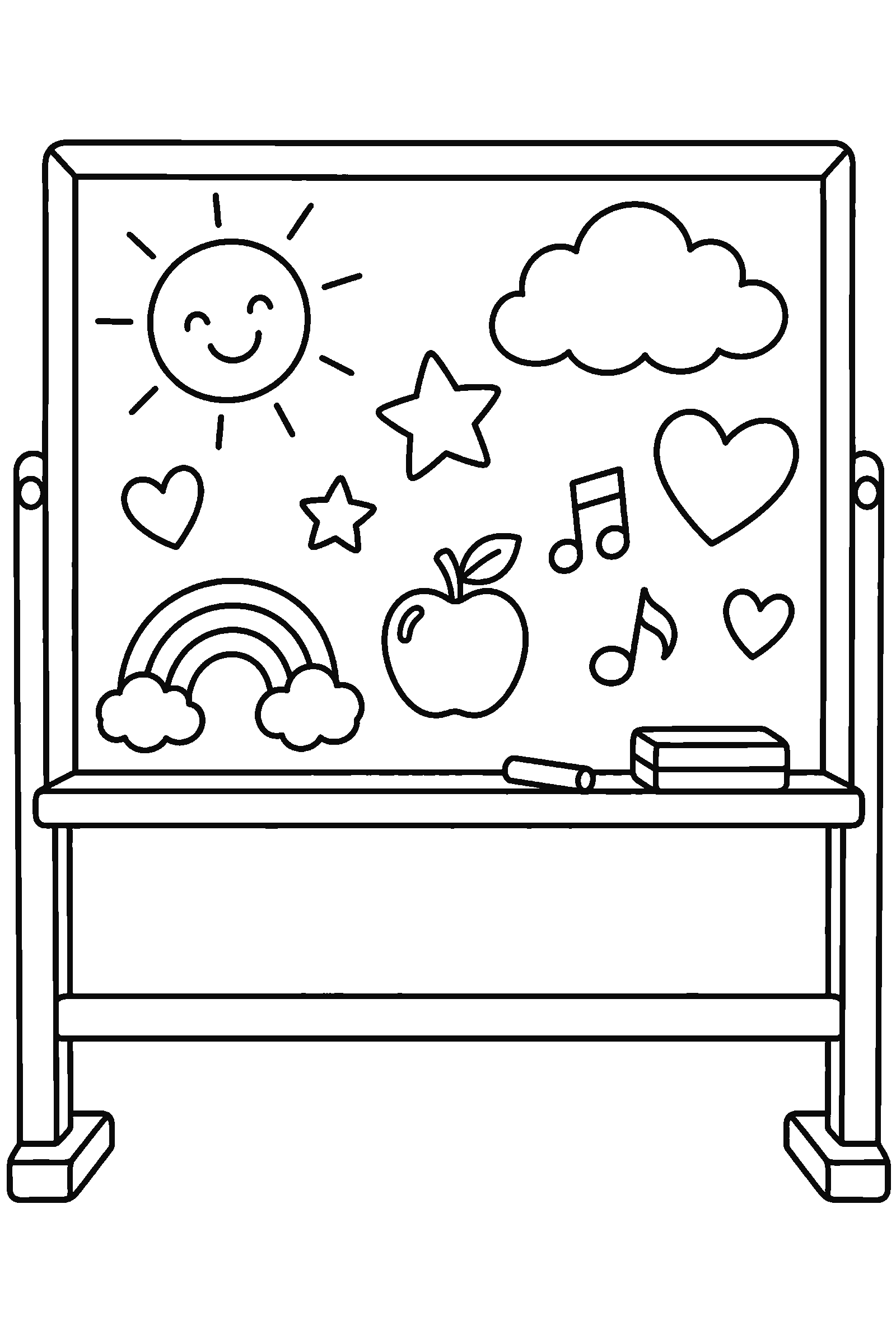 Coloring page of a chalkboard with doodles, no letters