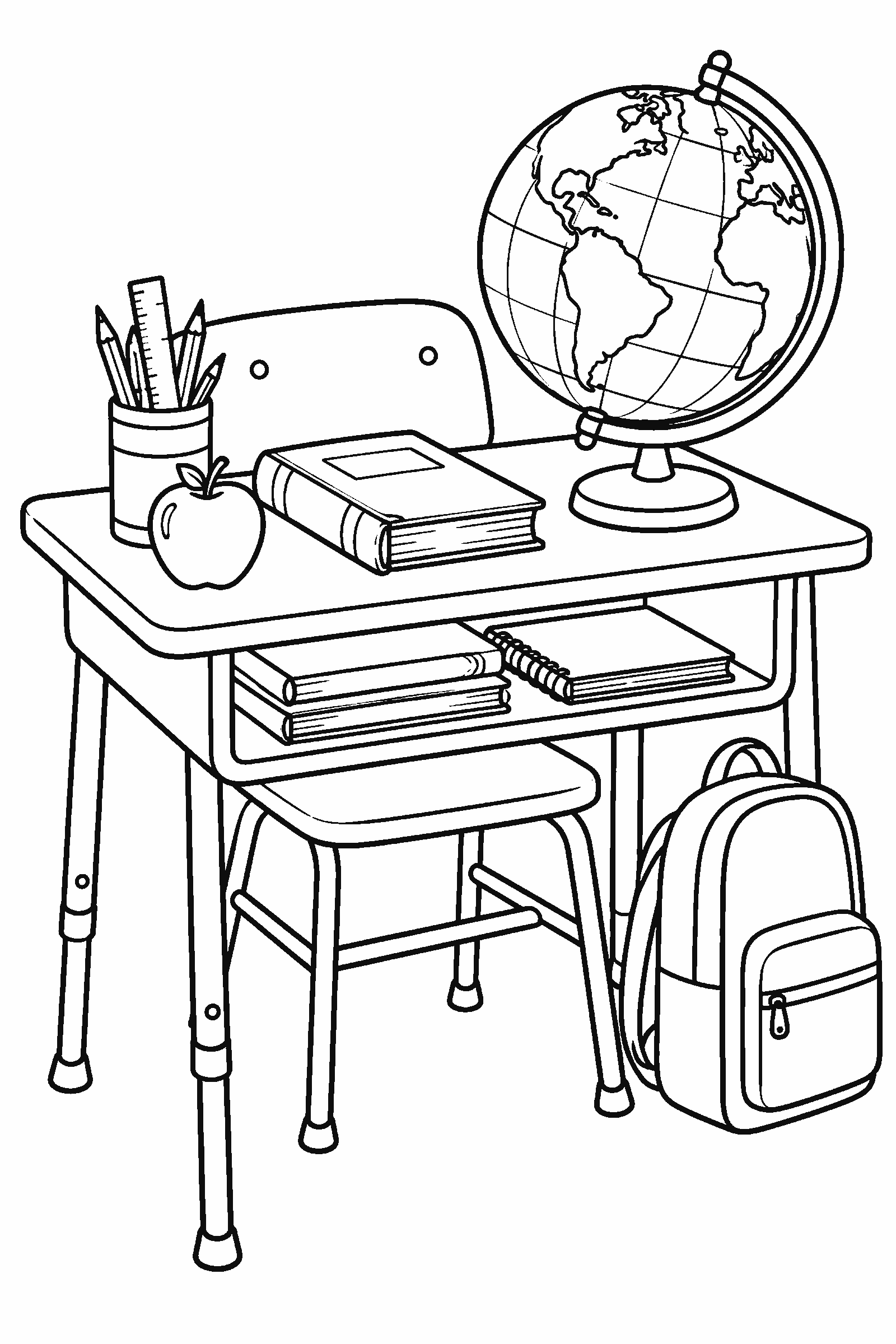 Coloring page of a classroom desk with a globe