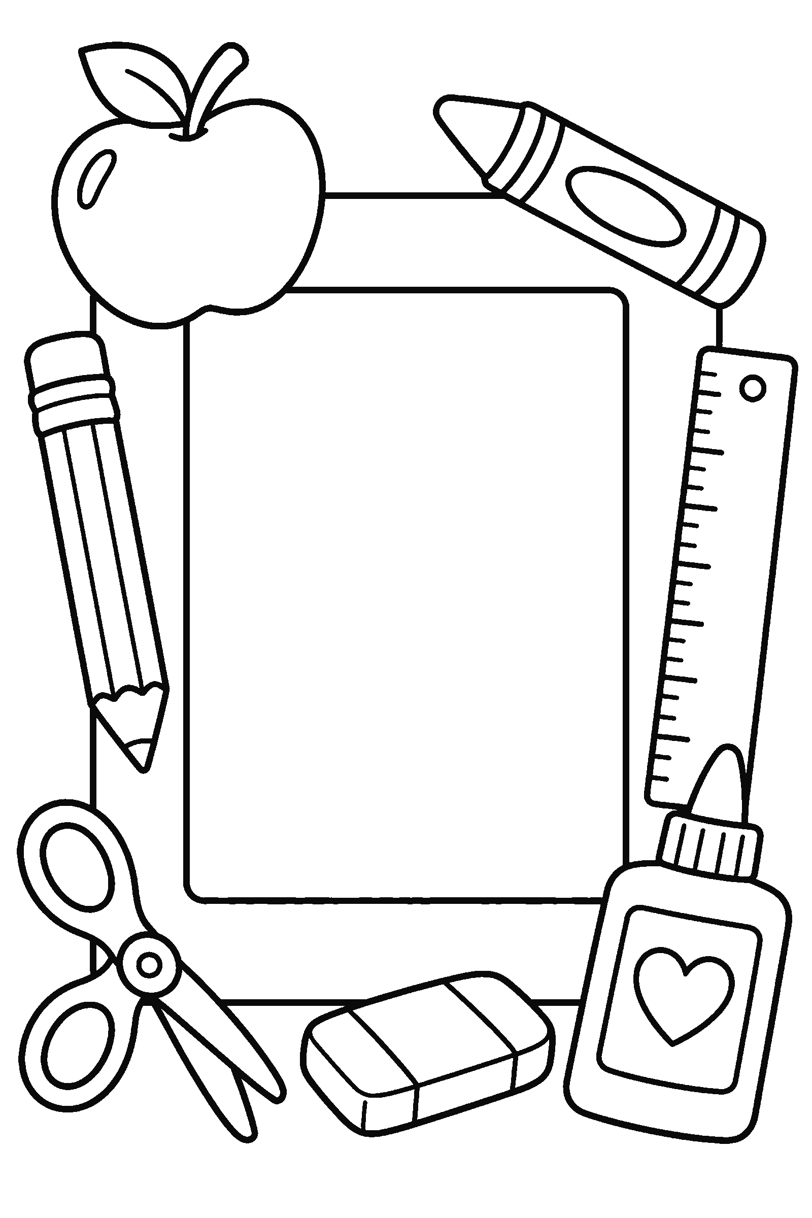 Coloring page of a photo frame decorated with school supplies