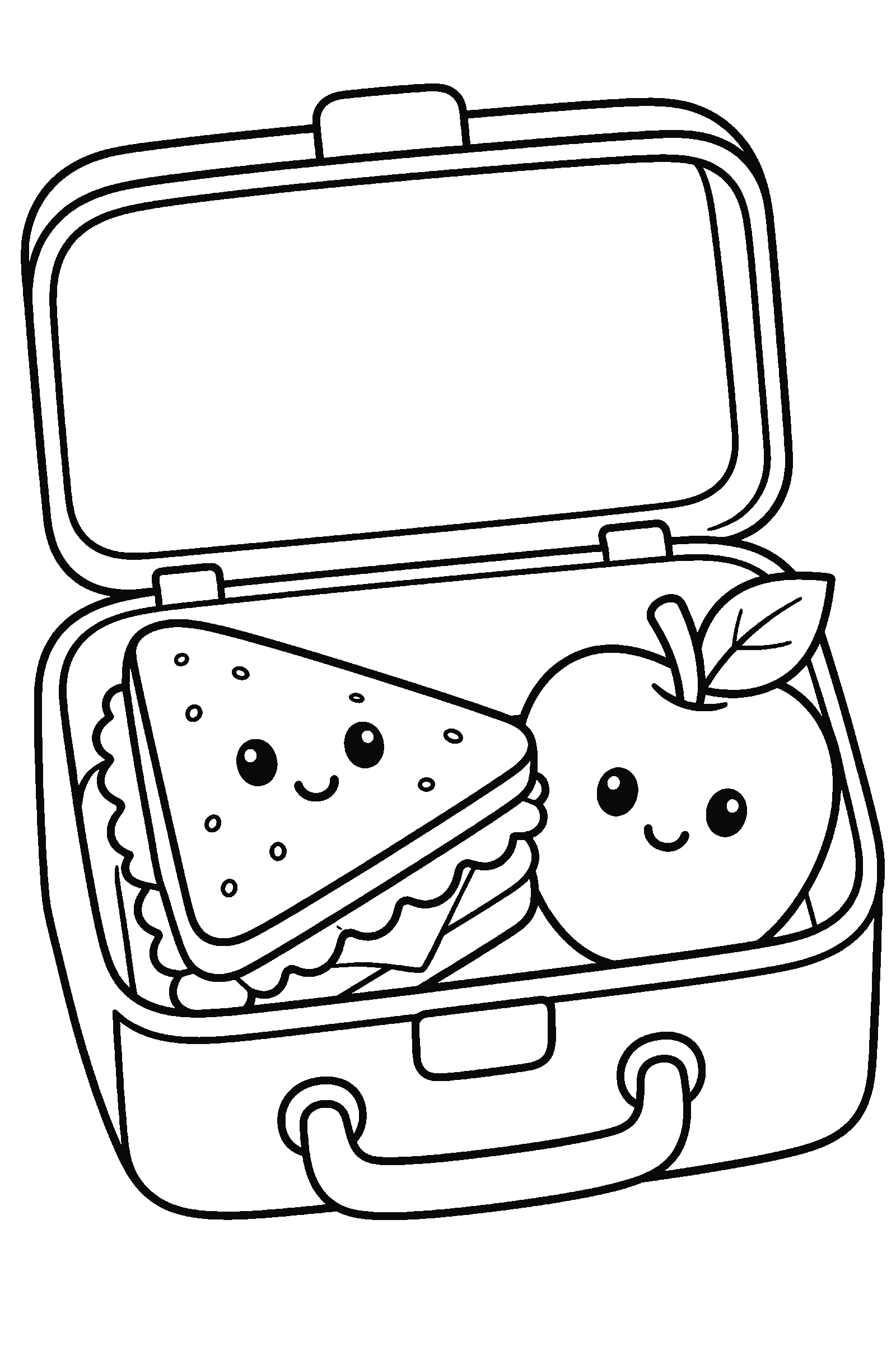 Coloring page of a lunchbox with a sandwich and an apple