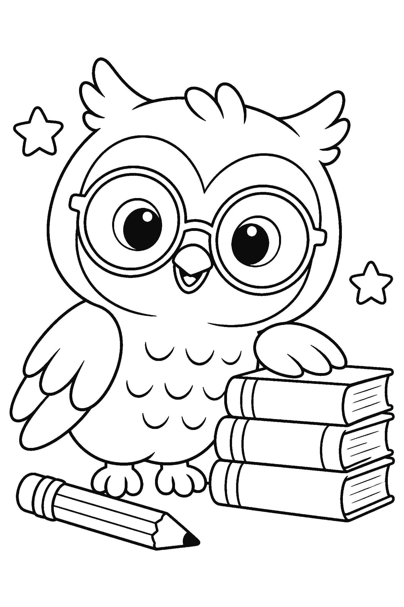 Coloring page of an owl with glasses and books