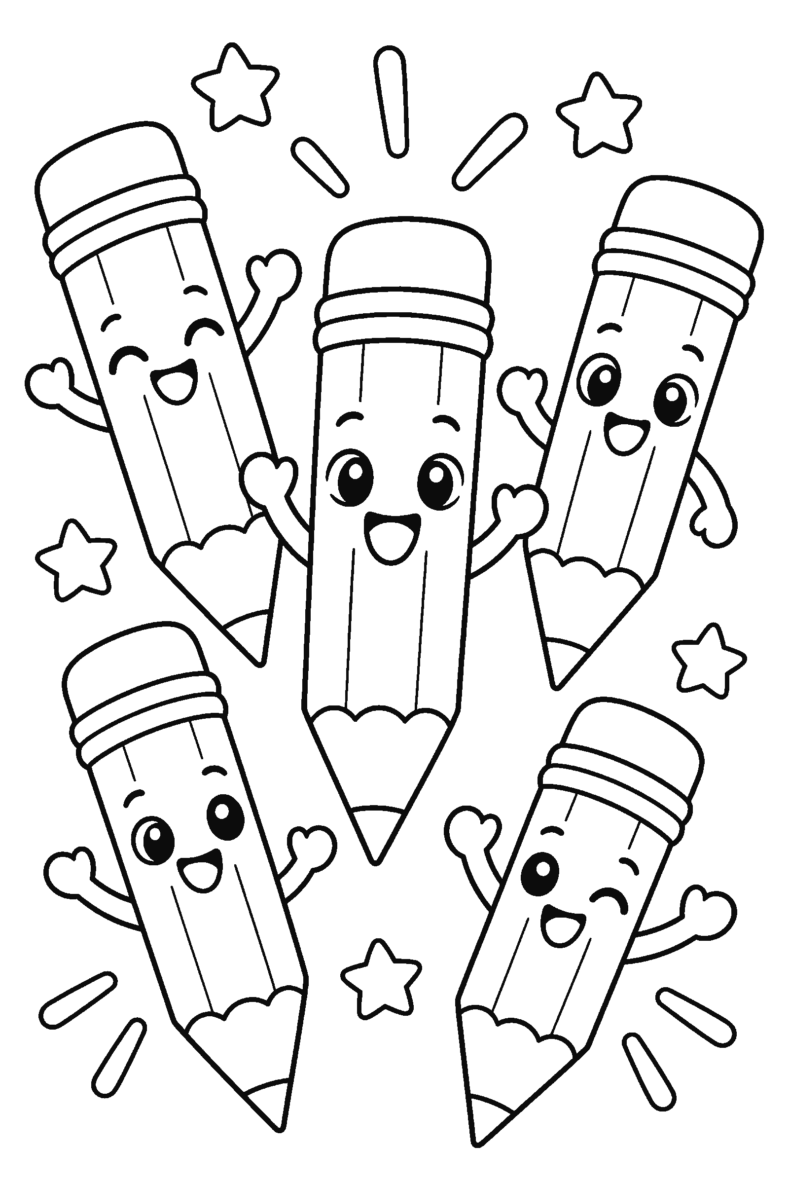 Coloring page of pencils with happy faces