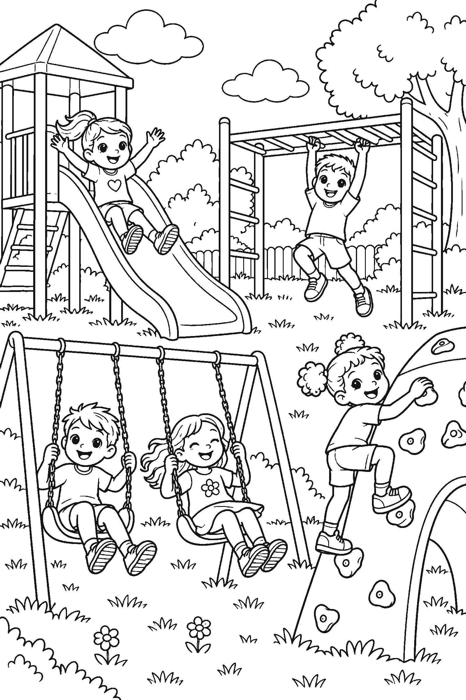 Coloring page of kids on a playground