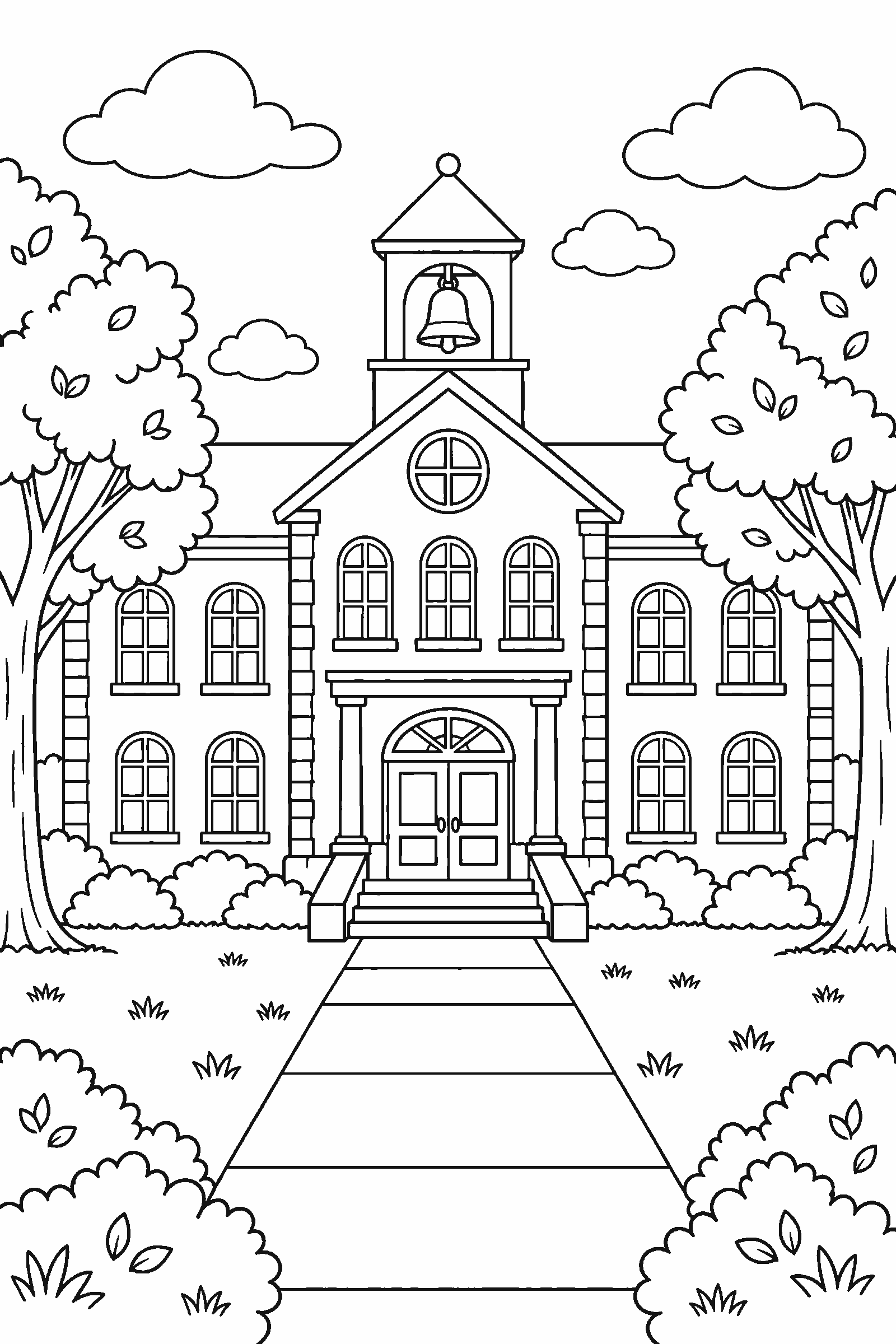 Coloring page of a school building with trees