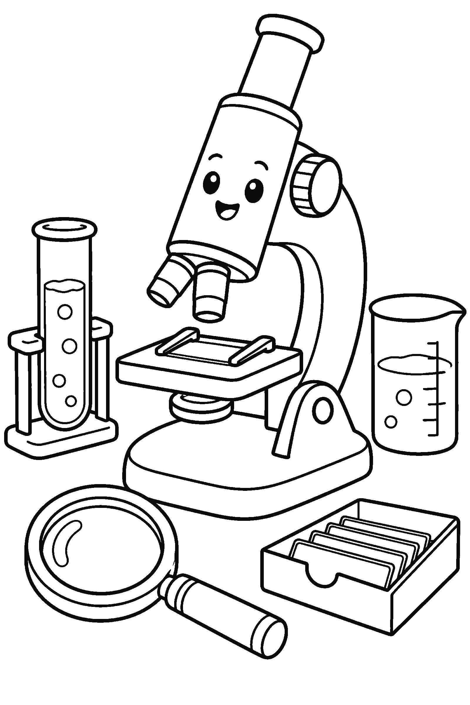 Coloring page of a science kit with a microscope