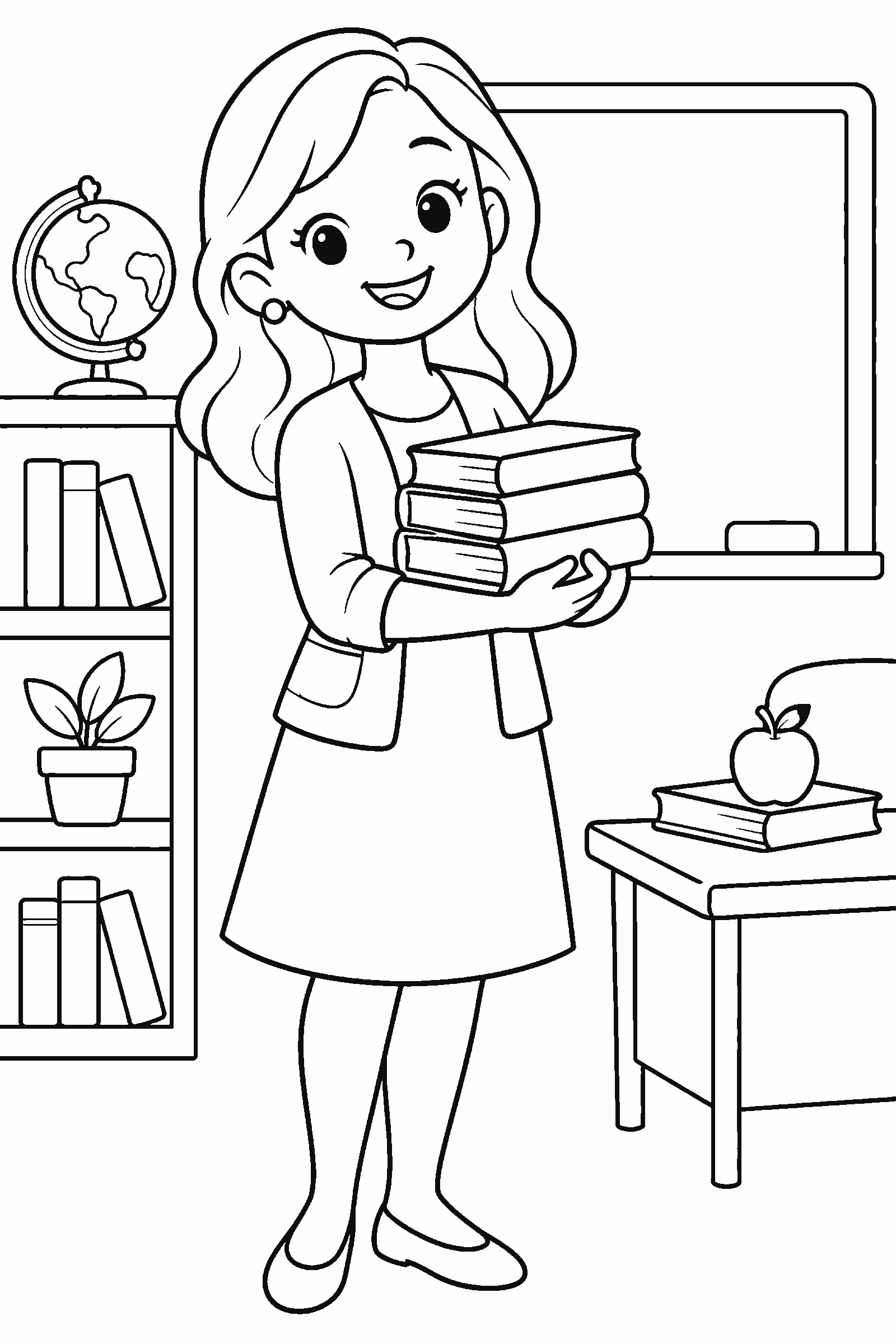 Coloring page of a friendly teacher with books