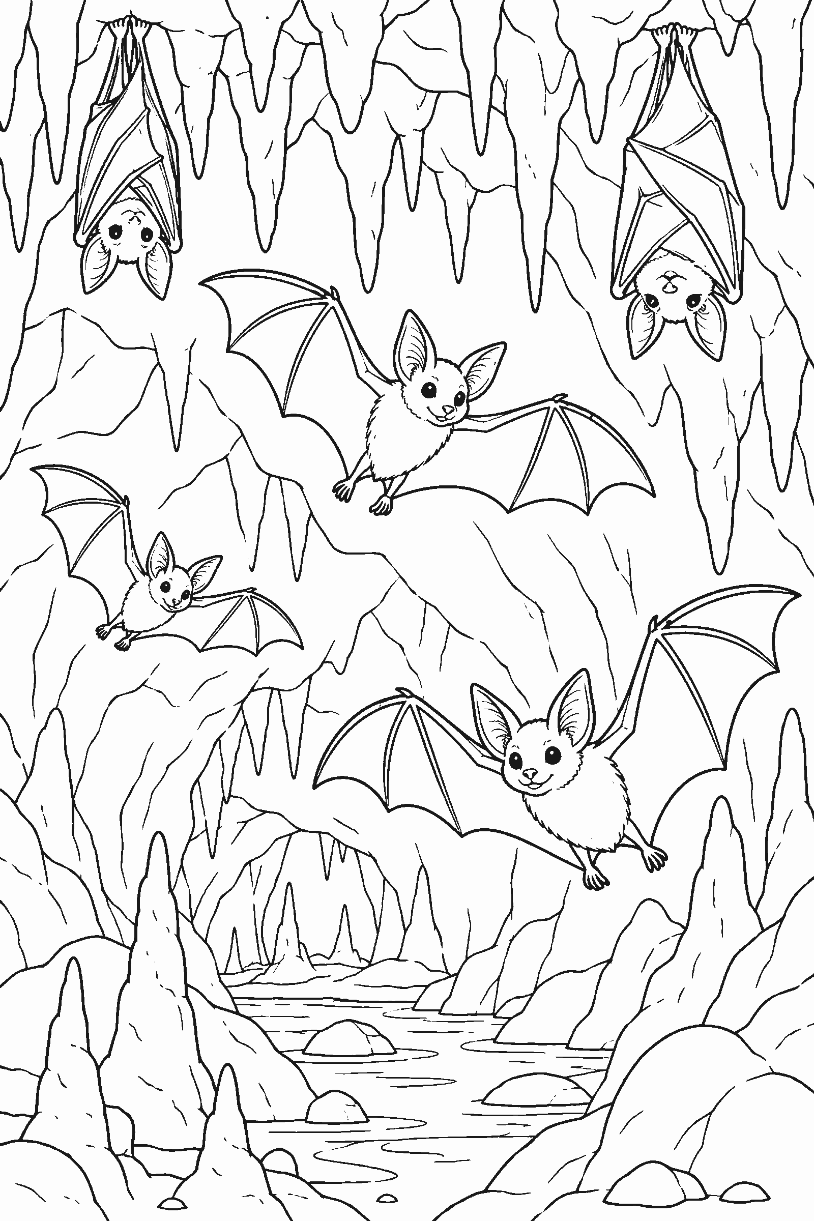 Coloring page of bats in a cave with stalactites
