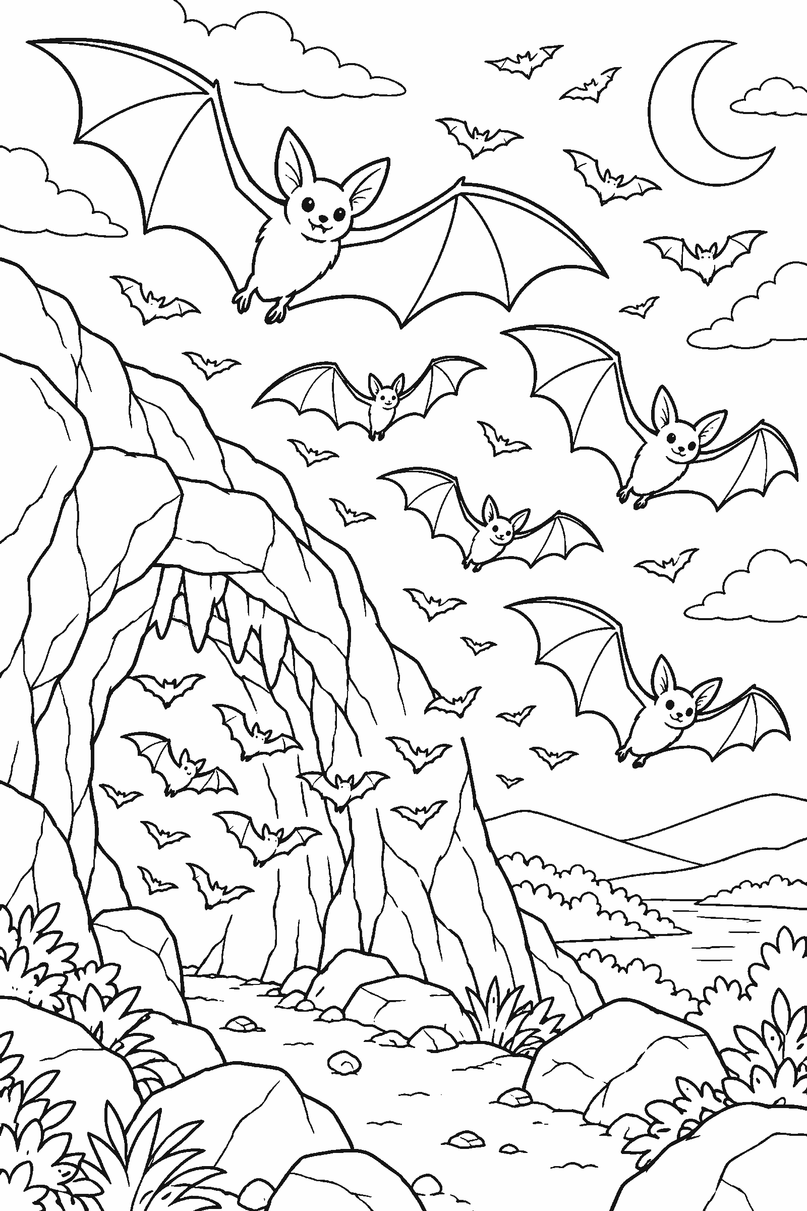 Coloring page of many bats flying out of a cave at dusk