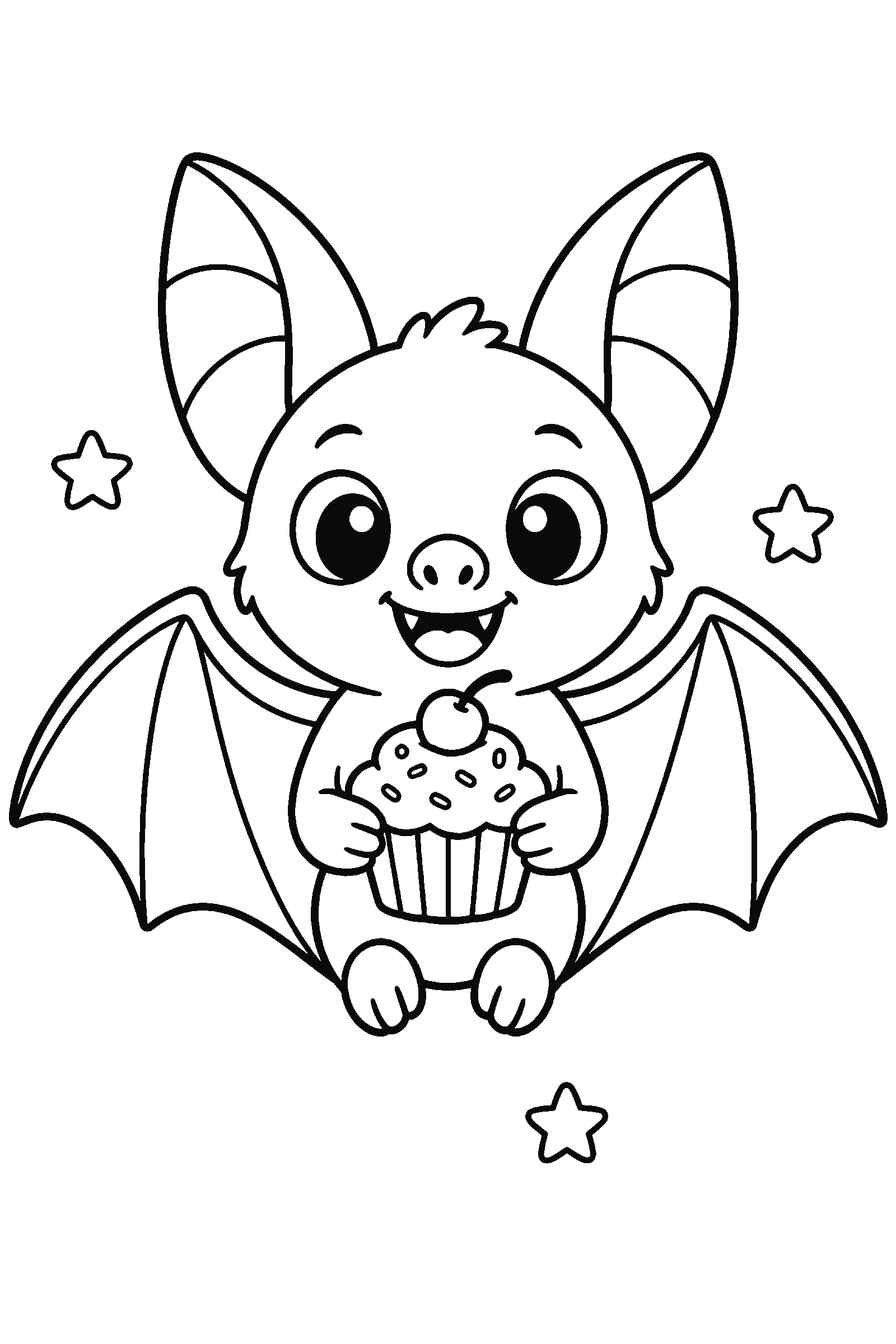 Coloring page of a bat holding a cupcake