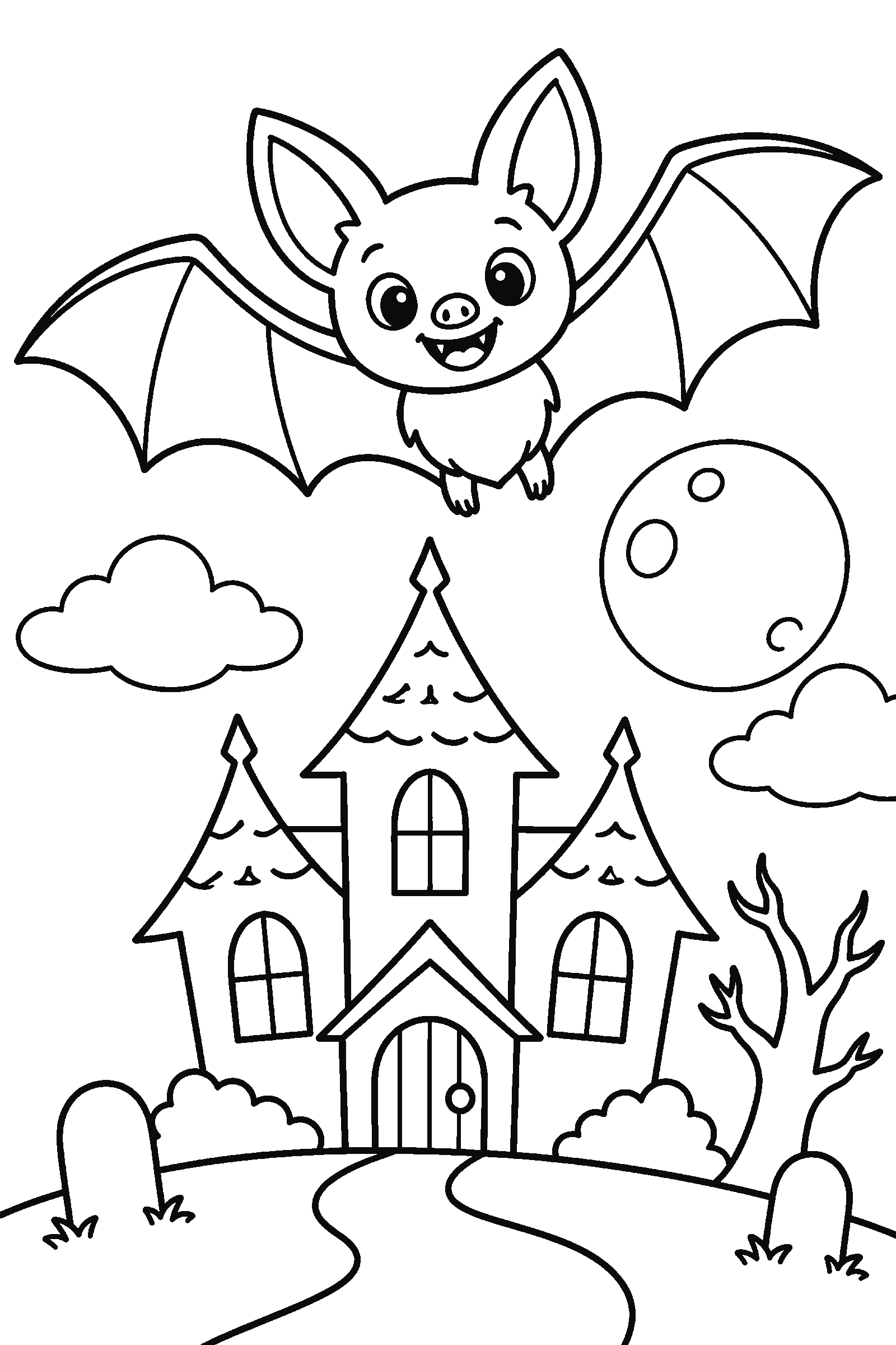Coloring page of a bat flying over a haunted house
