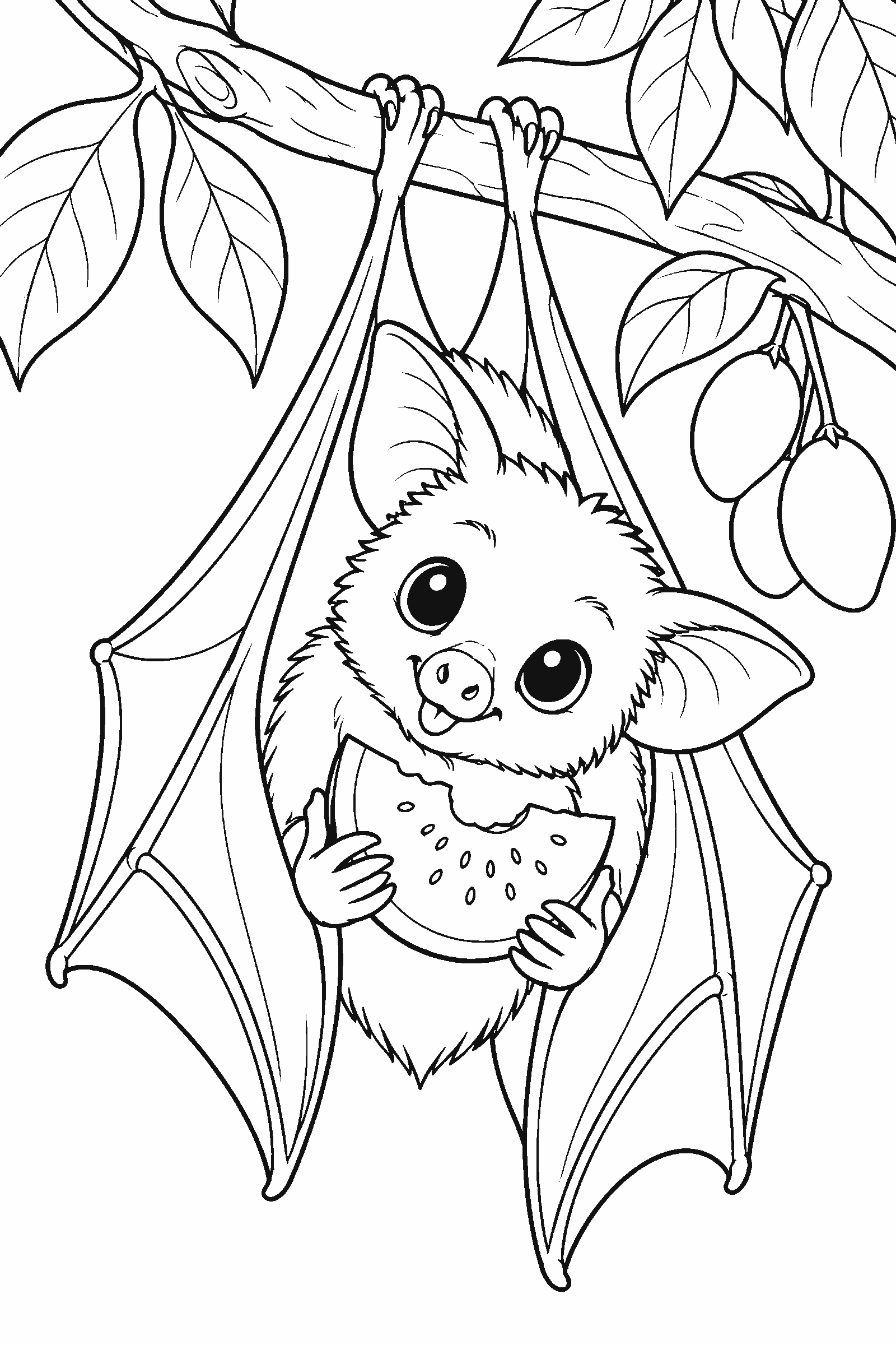 Coloring page of a fruit bat holding a piece of fruit