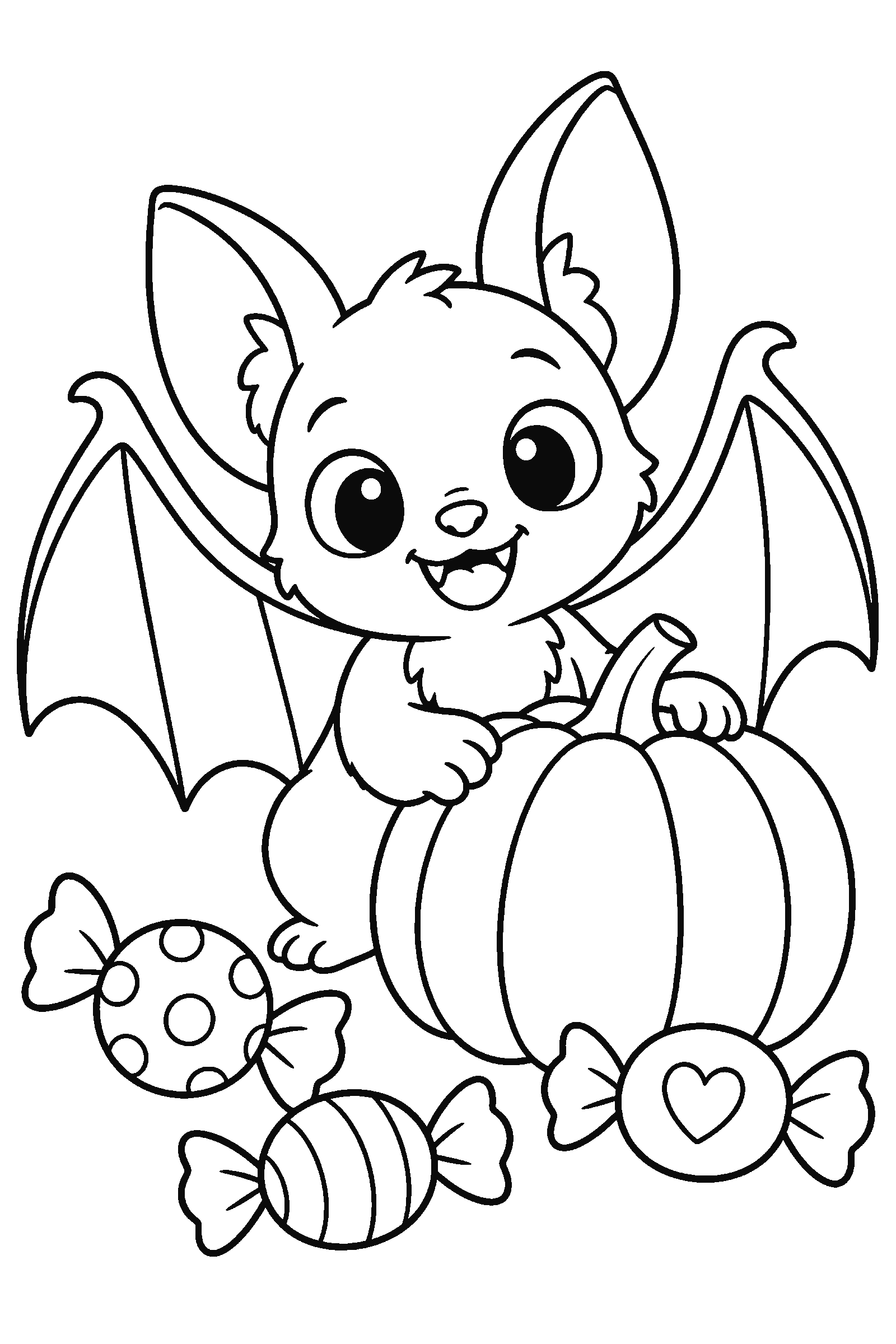 Coloring page of a bat with a pumpkin and candy