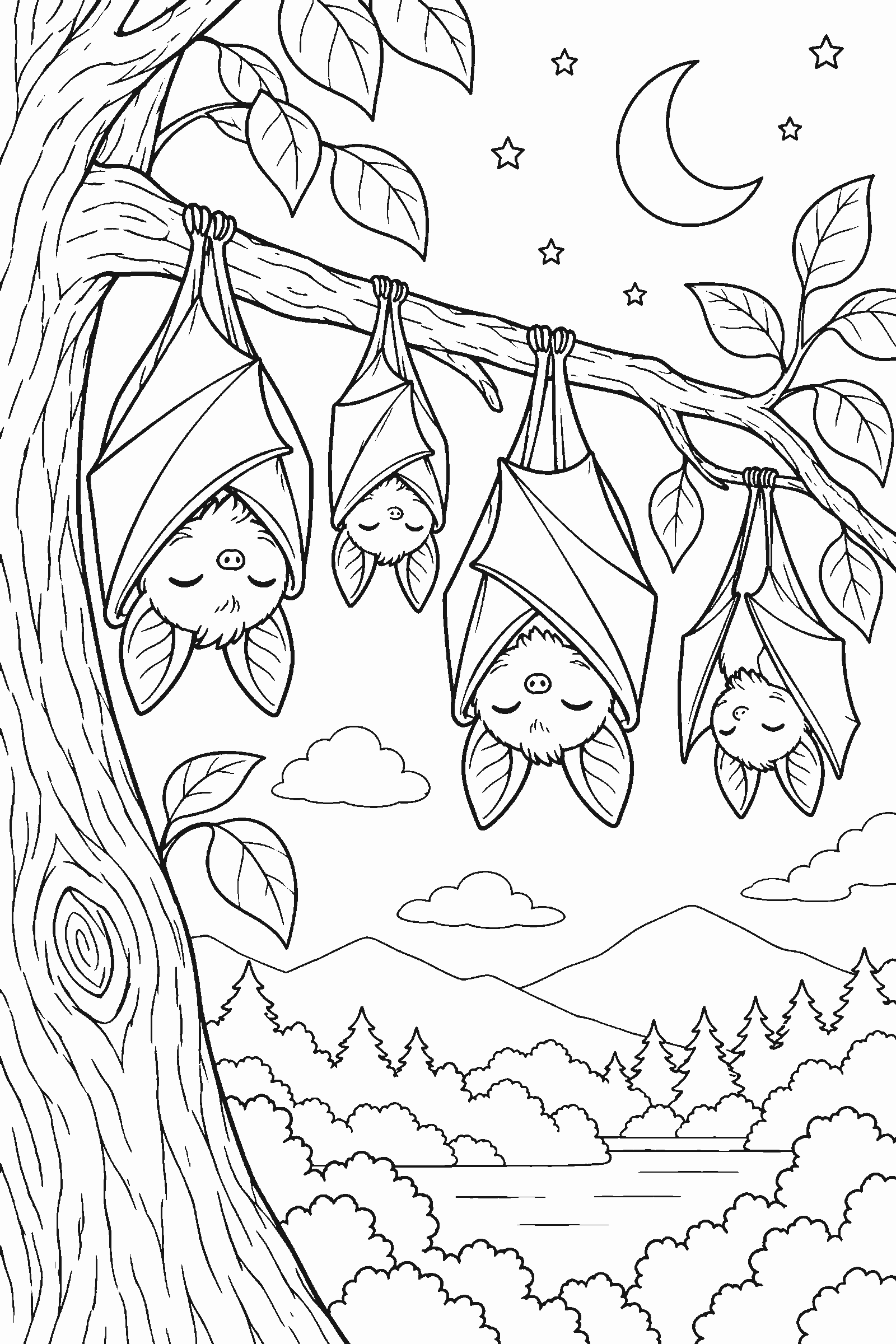 Coloring page of bats sleeping in a tree