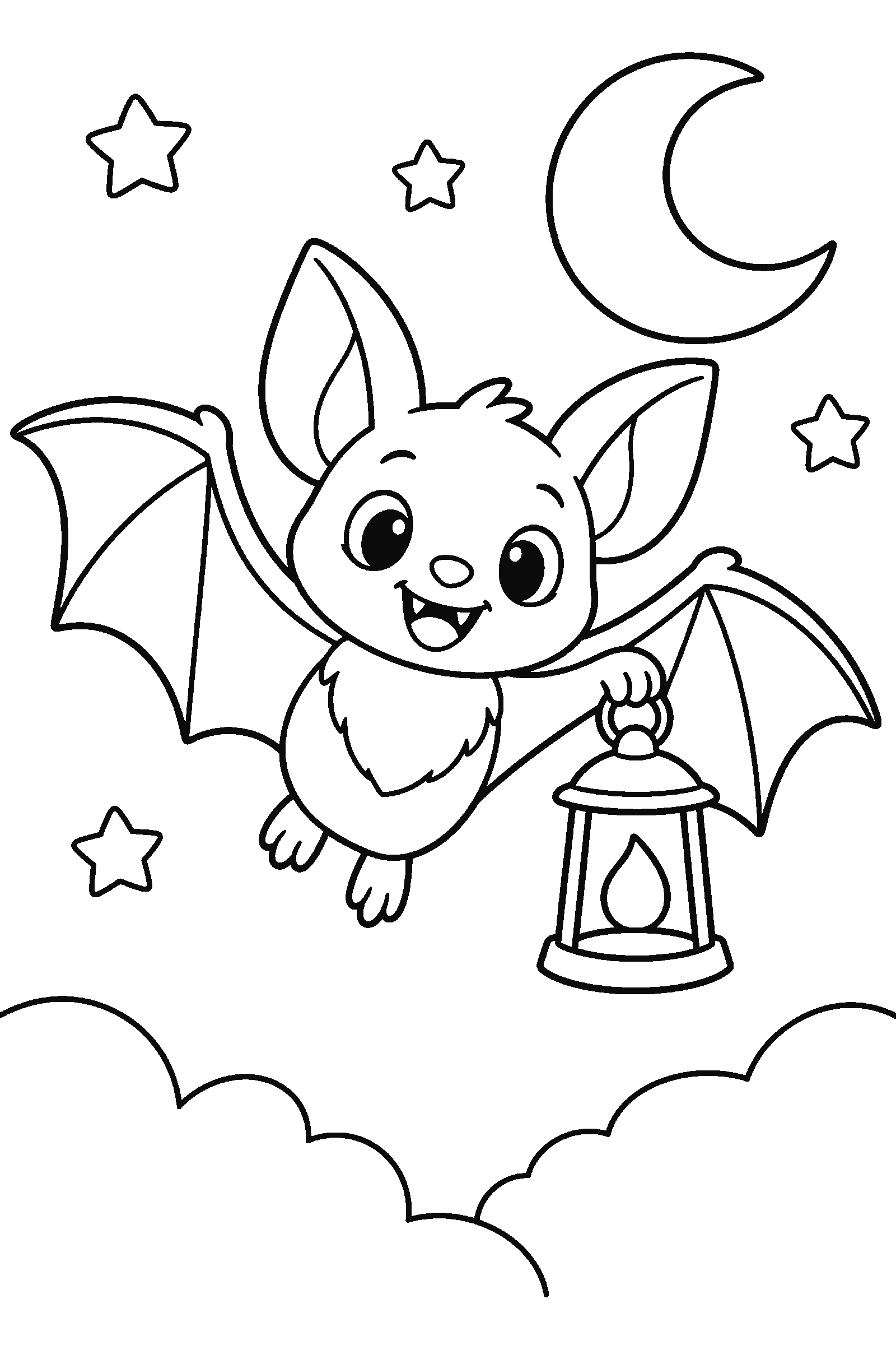 Coloring page of a bat holding a lantern at night