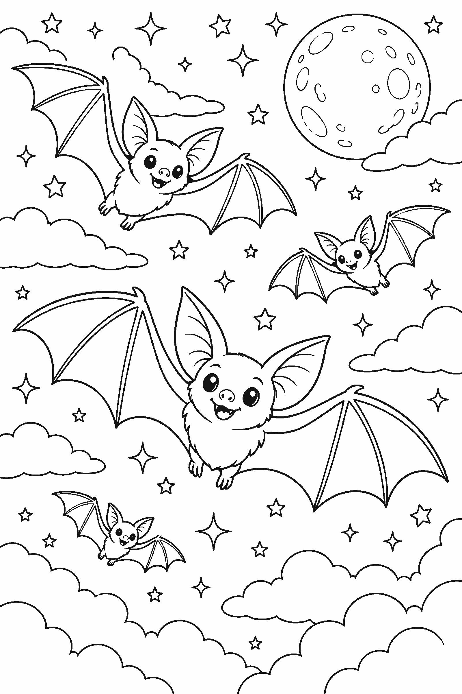 Coloring page of bats flying in a night sky with stars and clouds