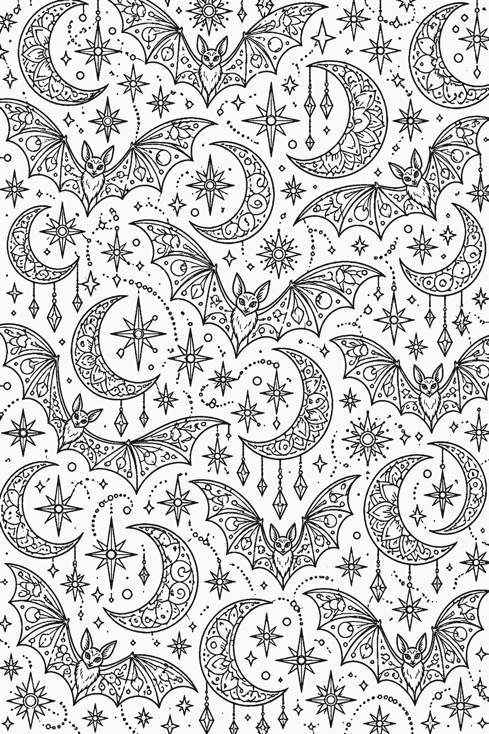 Coloring page of a full-page pattern of bats, moons and stars