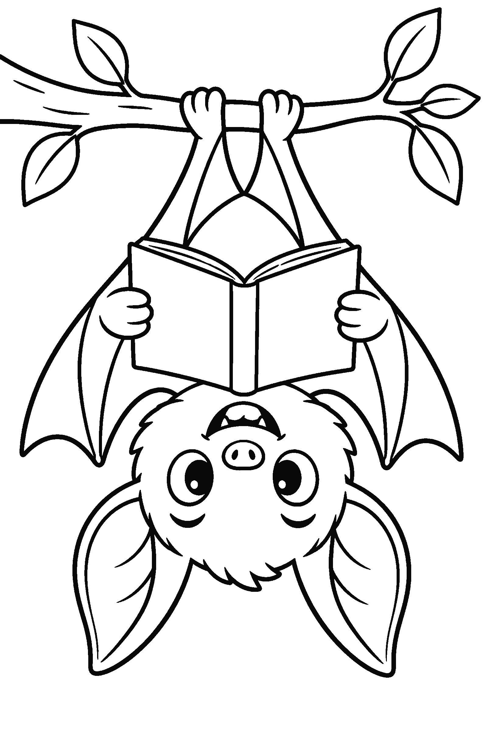 Coloring page of a bat reading a book upside down