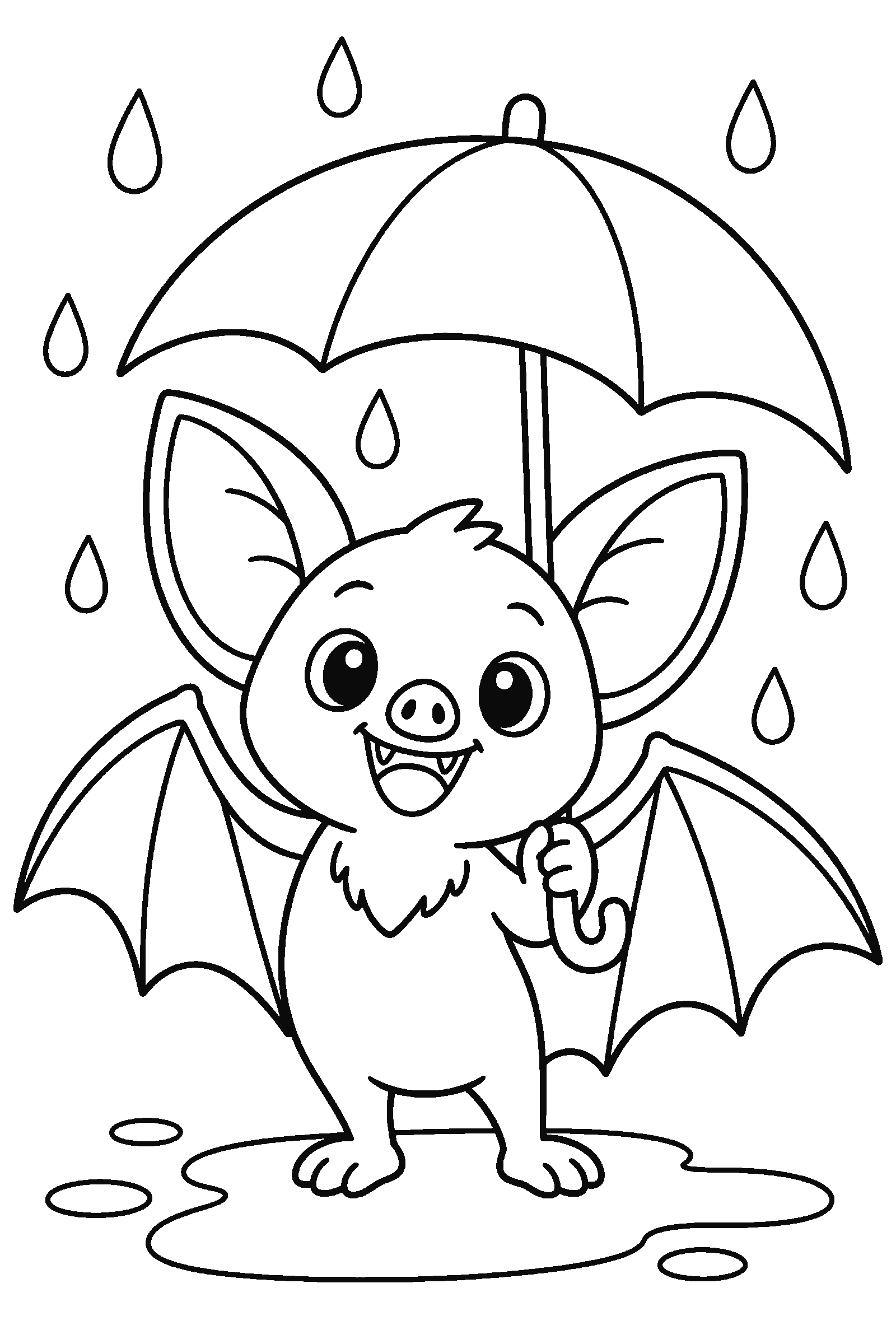 Coloring page of a bat under an umbrella in the rain