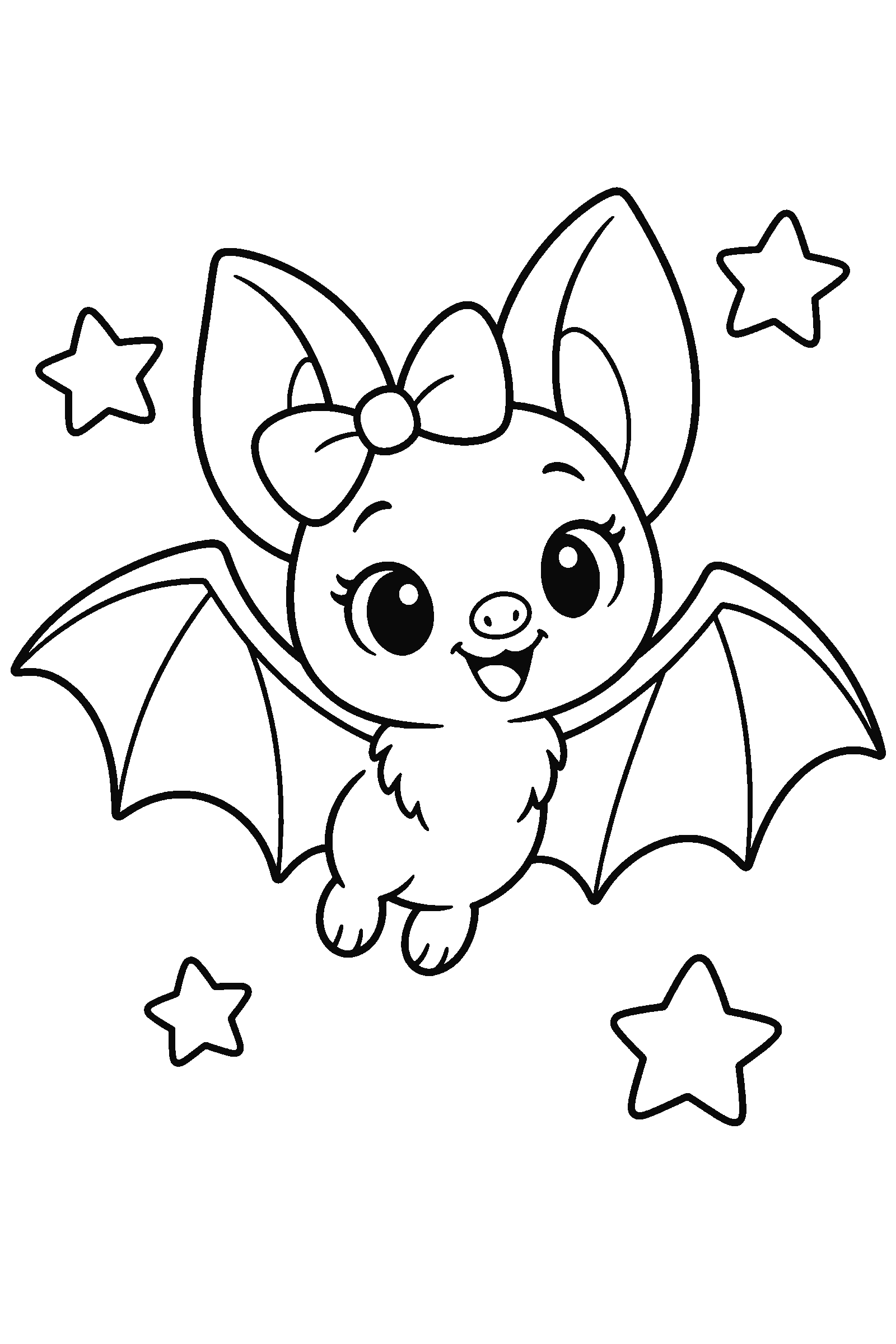 Coloring page of a cute bat with a bow and stars