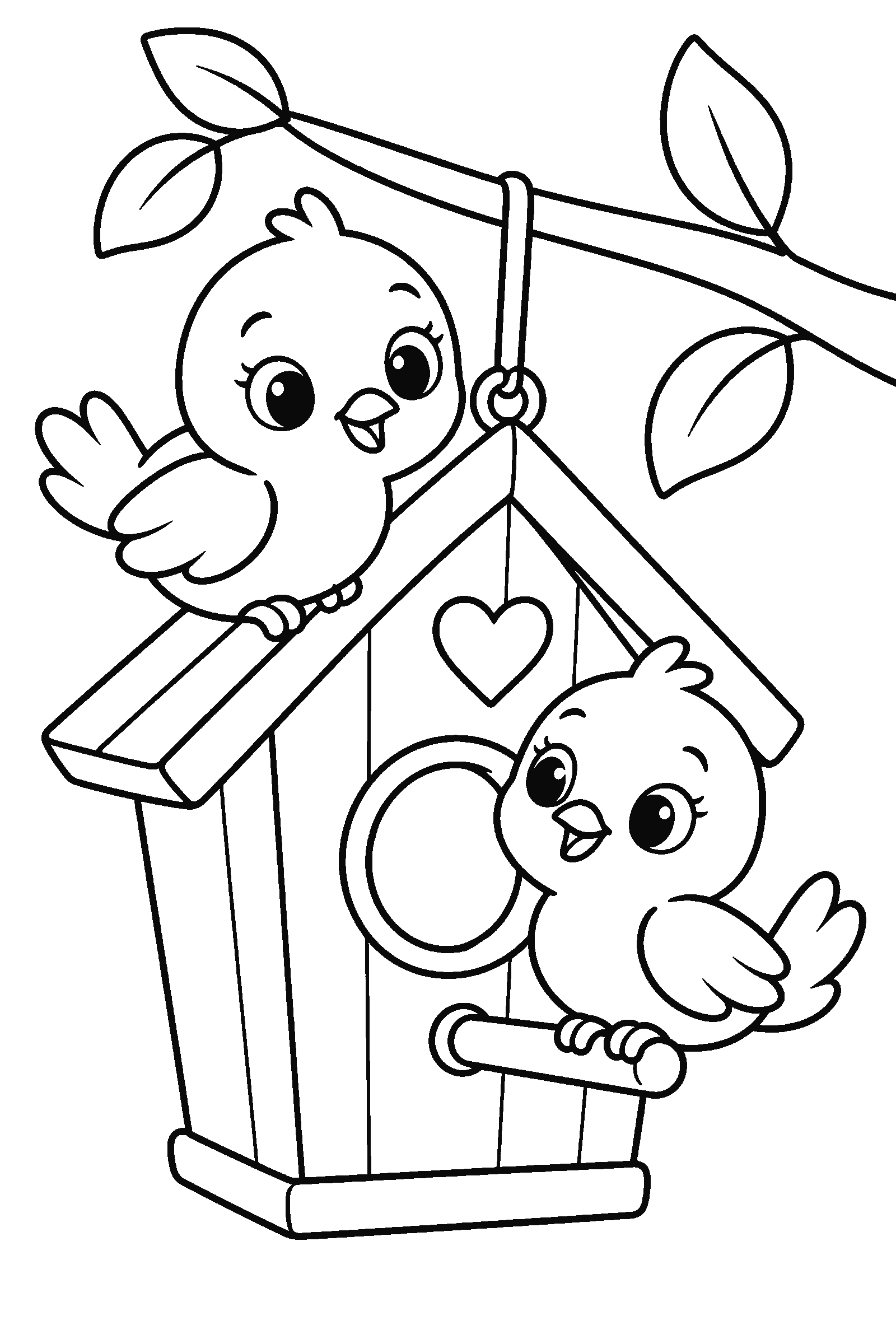 Coloring page of two birds at a birdhouse
