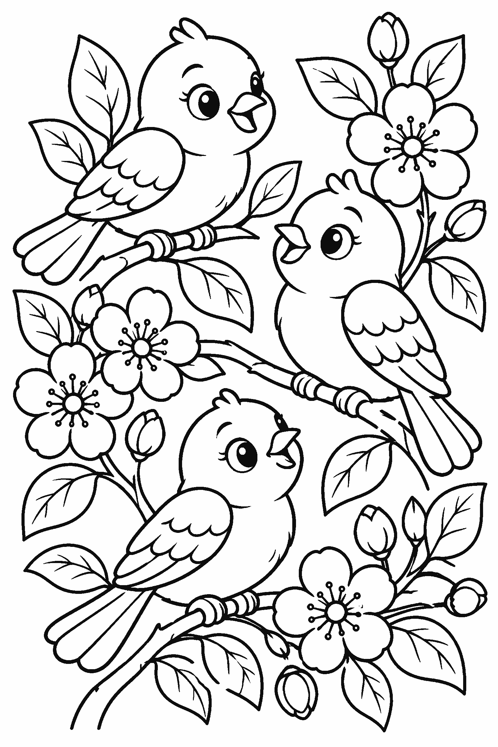 Coloring page of bluebirds among flowers and leaves