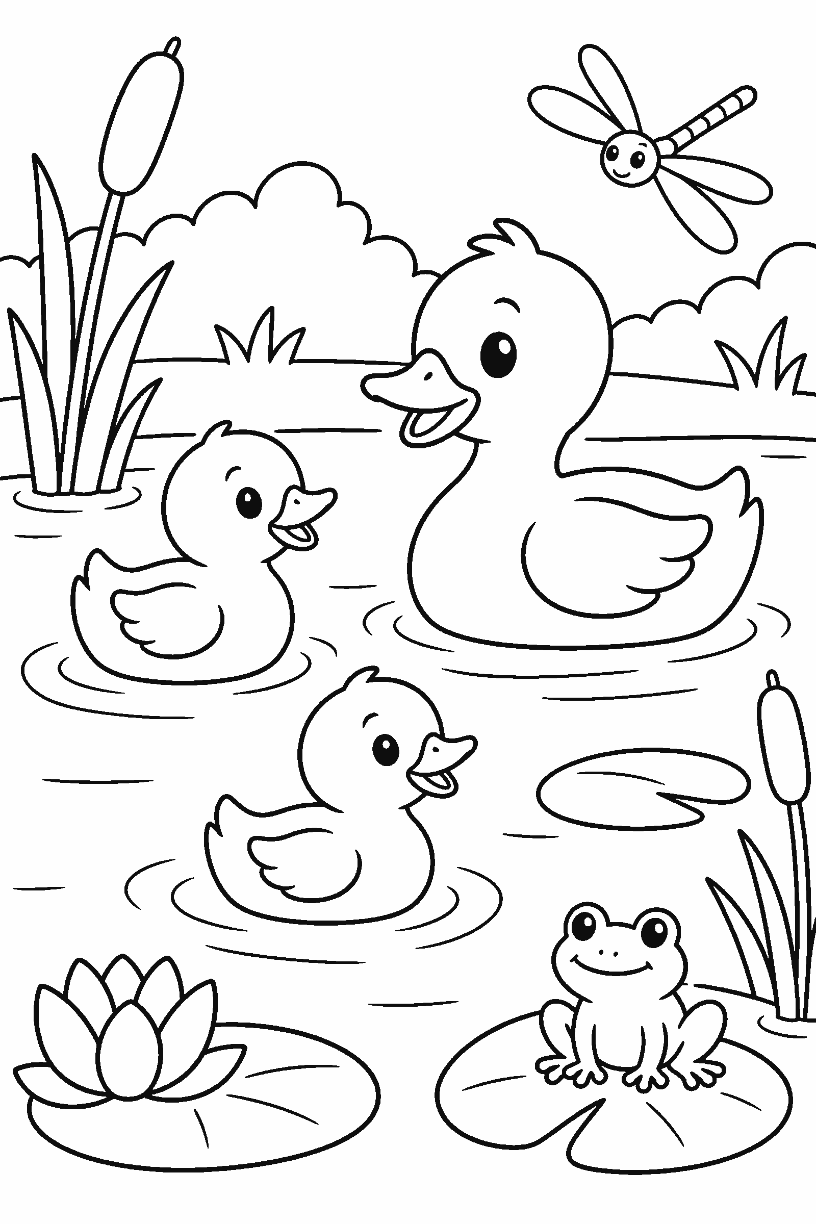 Coloring page of ducks in a pond