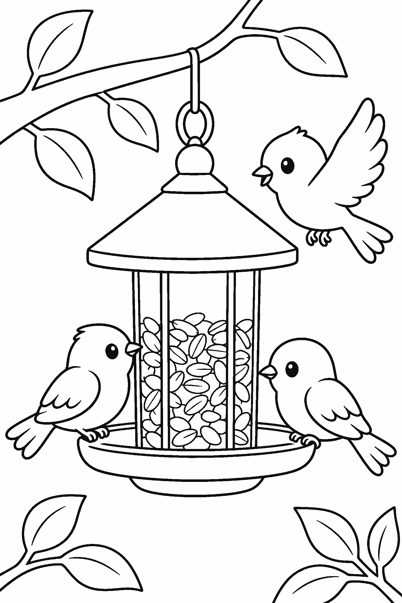 Coloring page of birds at a bird feeder
