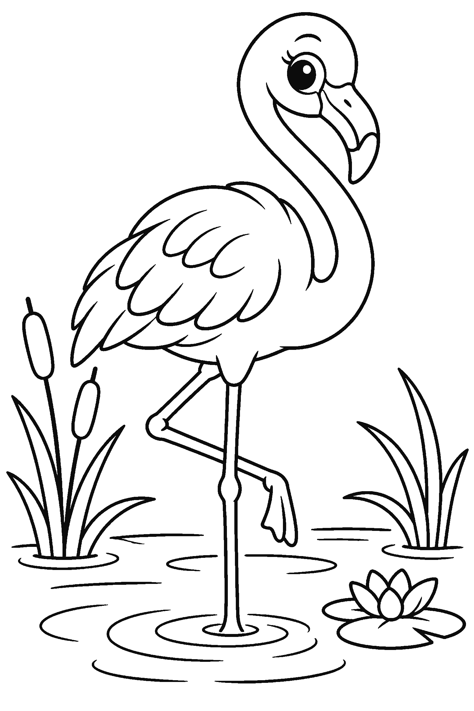Coloring page of a flamingo standing in water