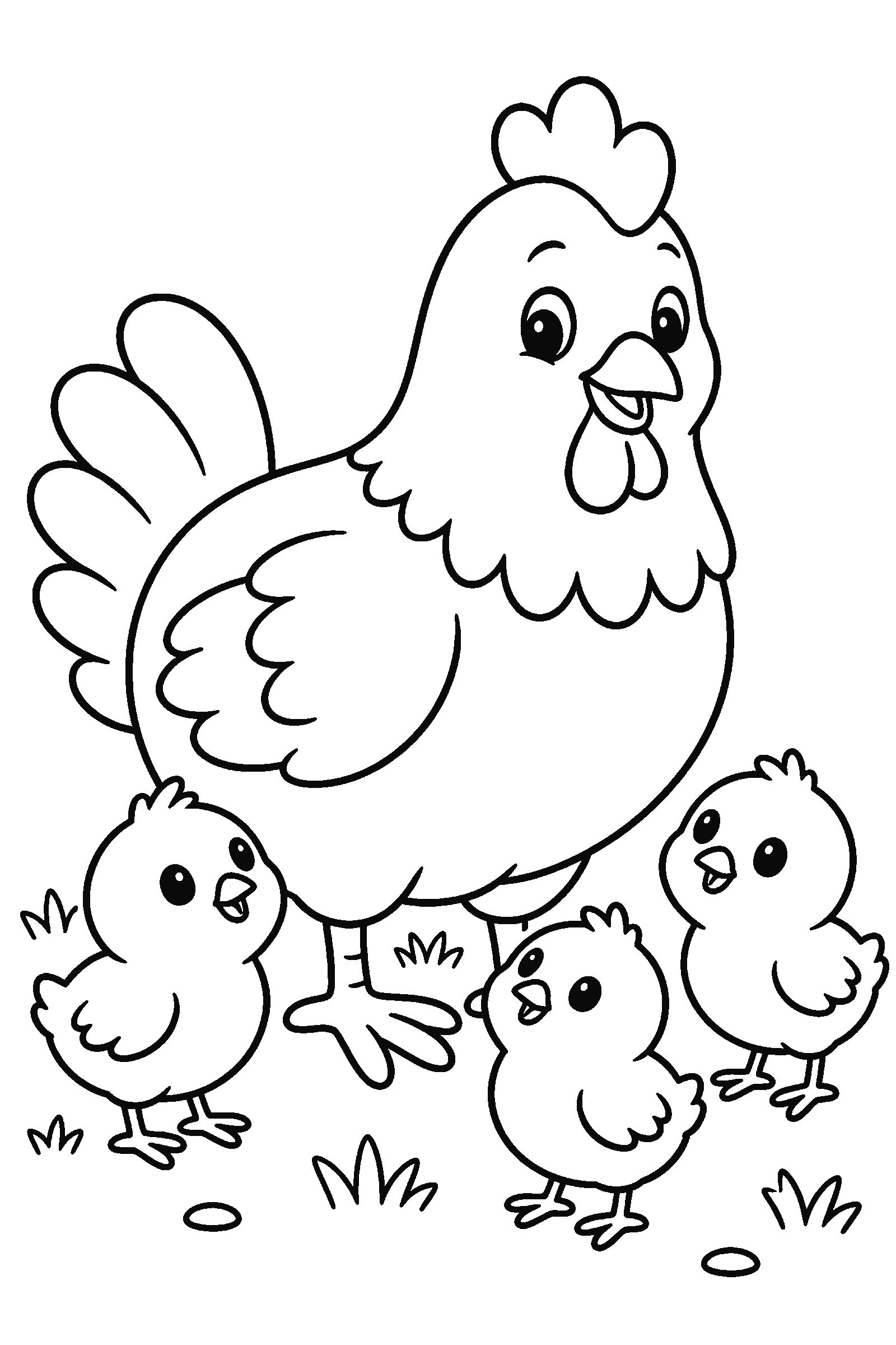 Coloring page of a hen with chicks