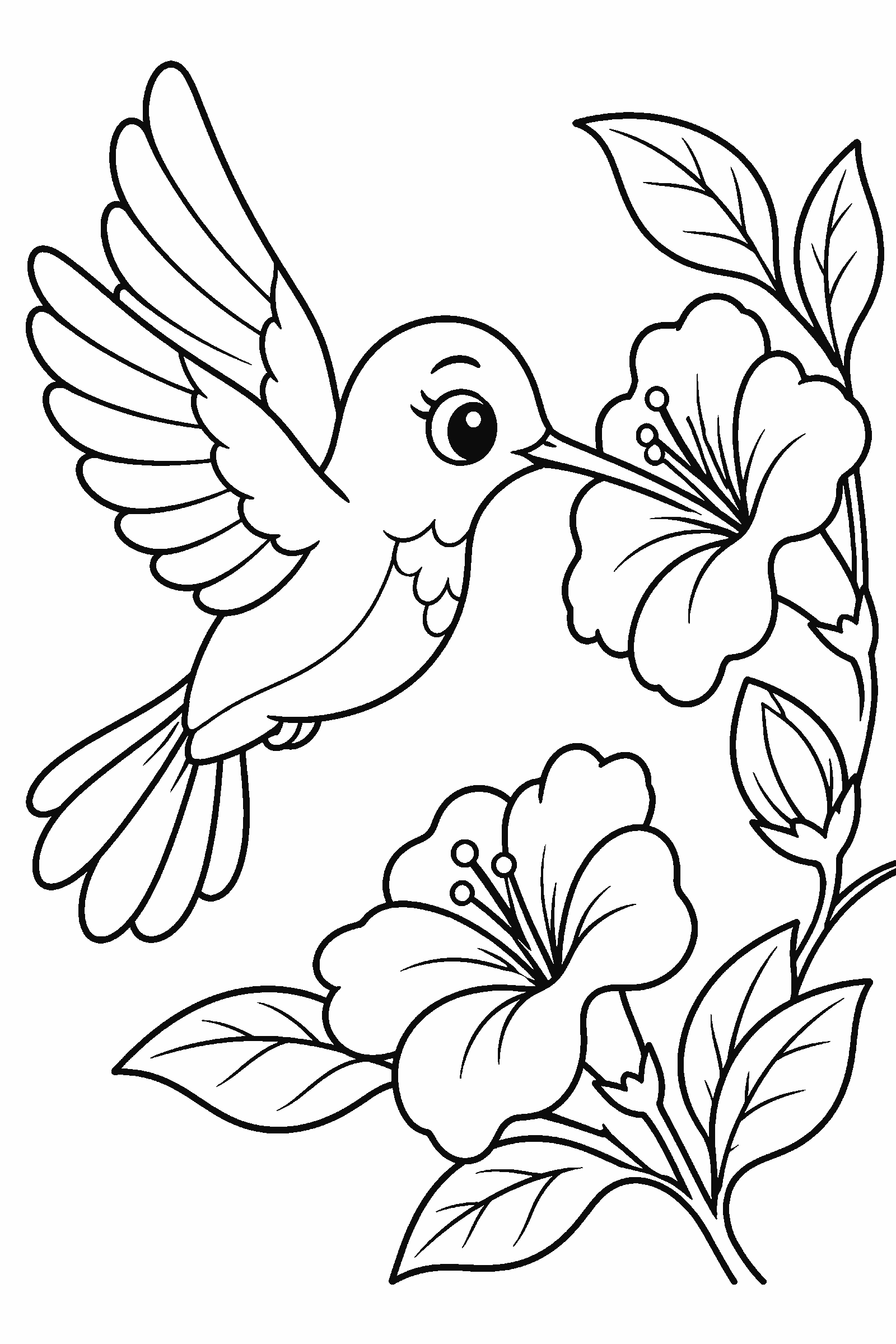 Coloring page of a hummingbird drinking from a flower