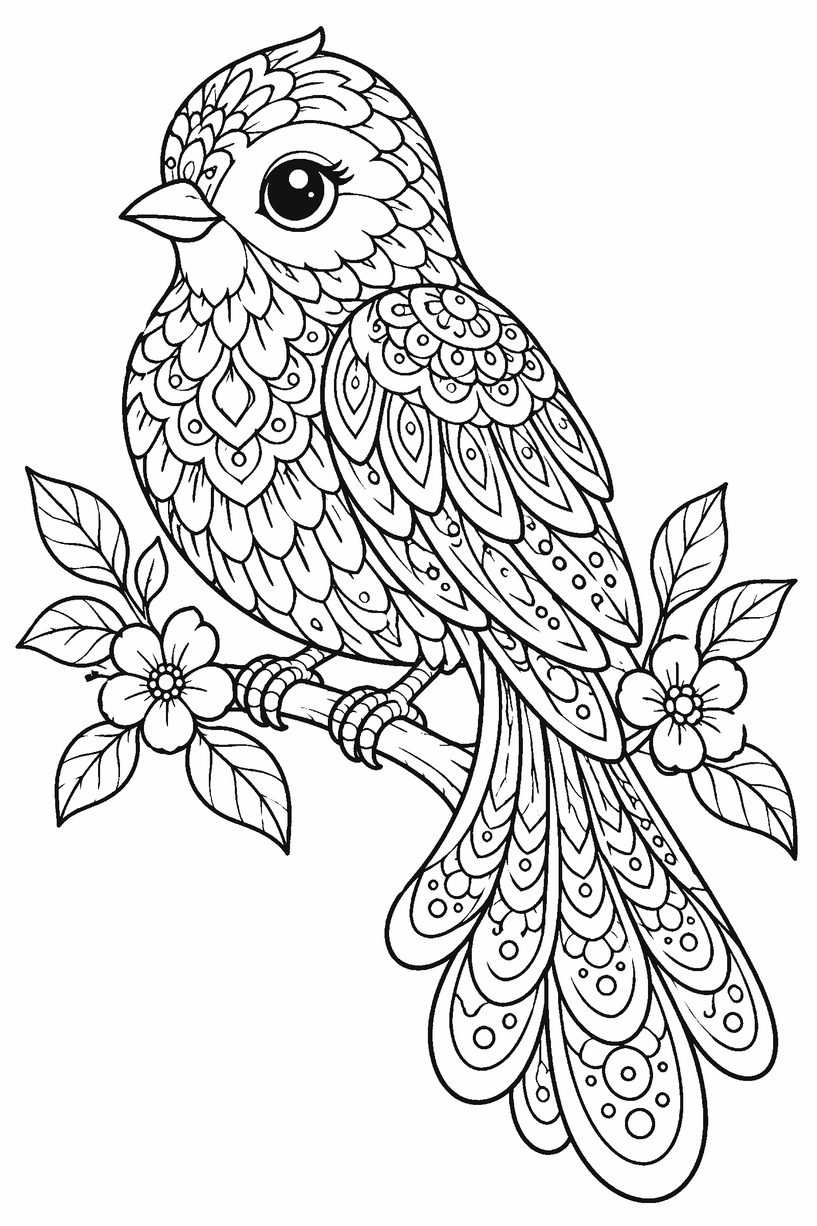Coloring page of a detailed bird made of mandala patterns