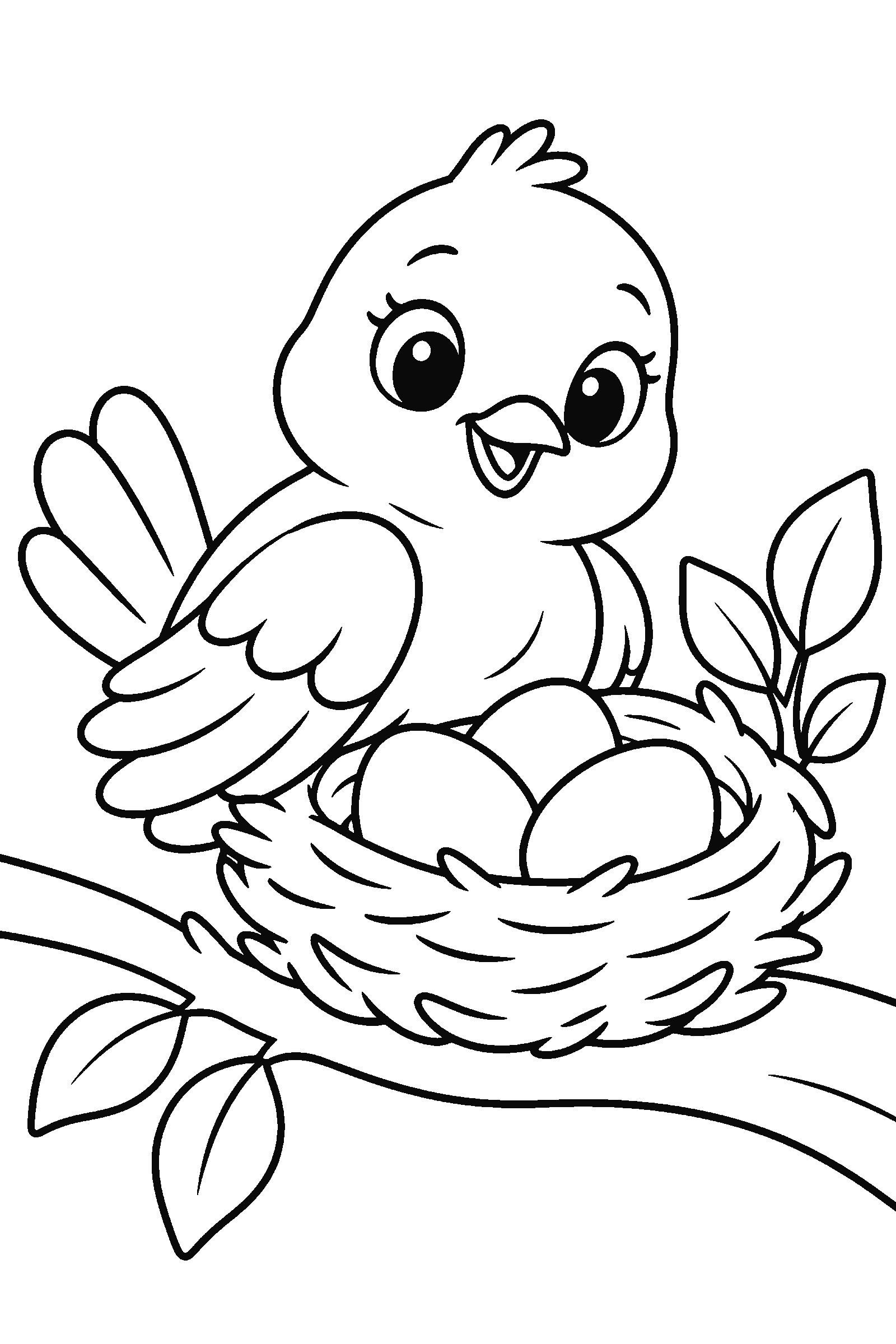 Coloring page of a bird nest with eggs and a mother bird