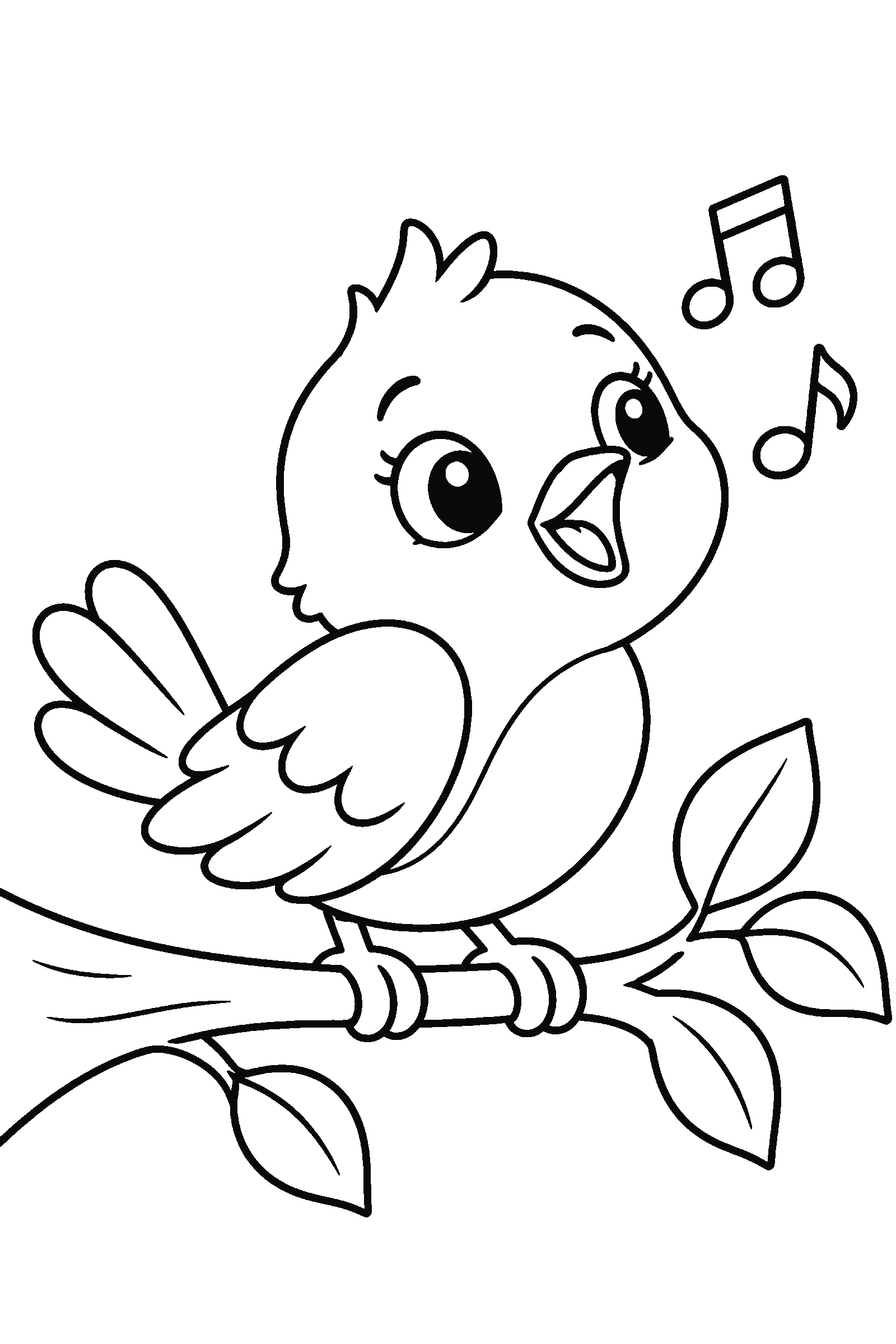 Coloring page of a small bird singing on a branch