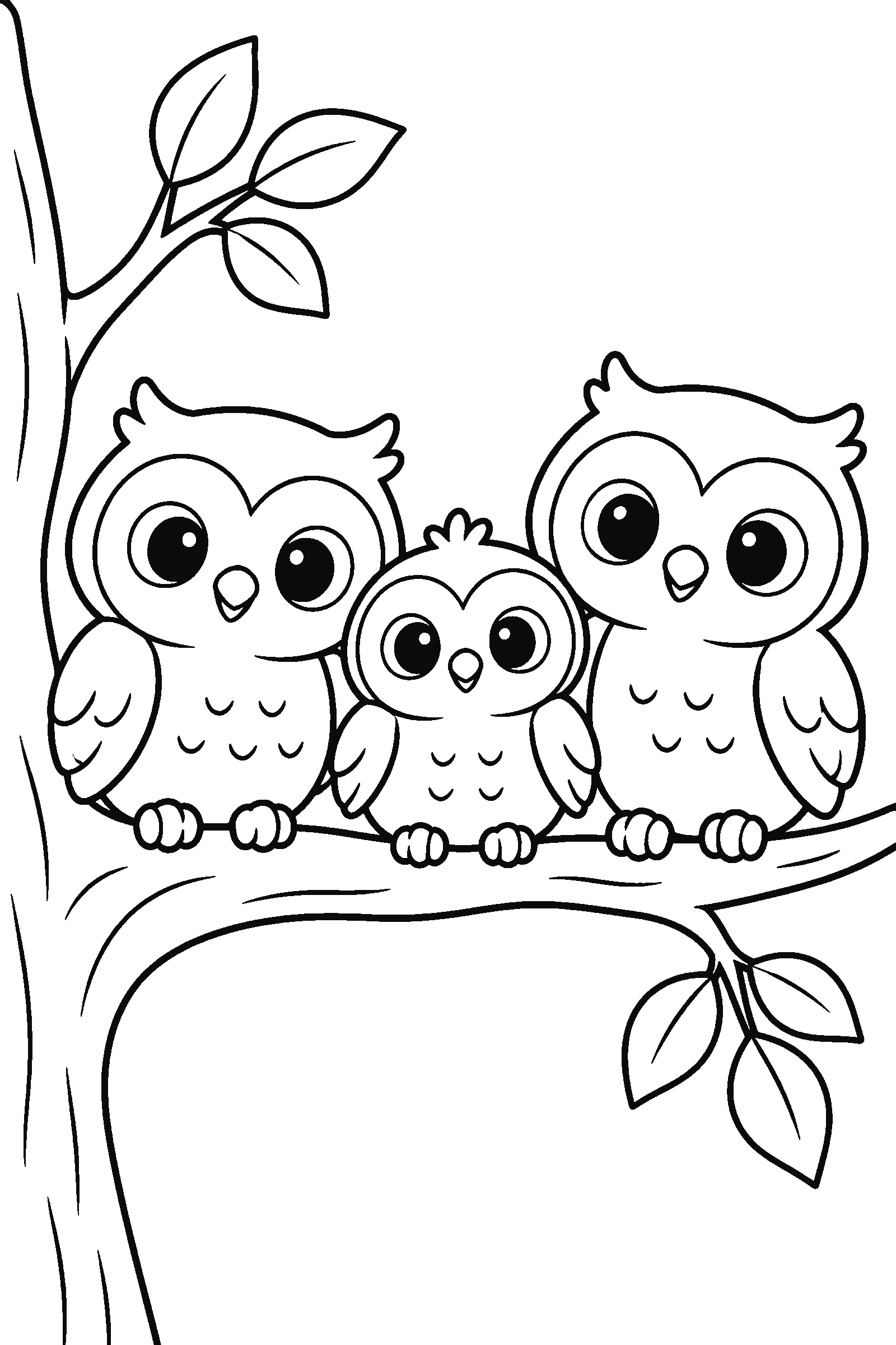 Coloring page of baby owls on a branch